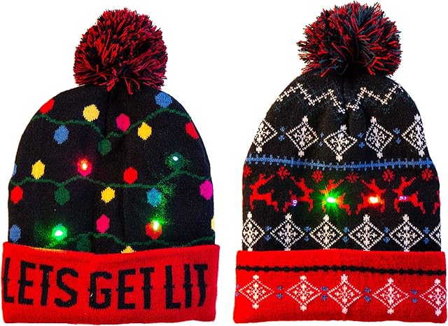 JOYIN 2 Pack LED Light-up Knitted Beanie Ugly Sweater Holiday Christmas Beanie Hat Knit Cap (Battery Included with 3 Flashing Modes)
