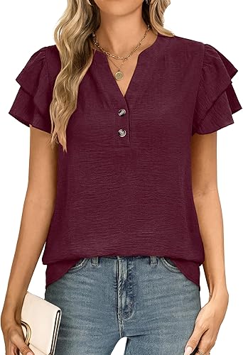ANRABESS Women Tops Ruffle Short Sleeve V Neck Dressy Blouse Summer Elegant Work Henley Shirts Spring Business Casual Outfits Wine Red Large