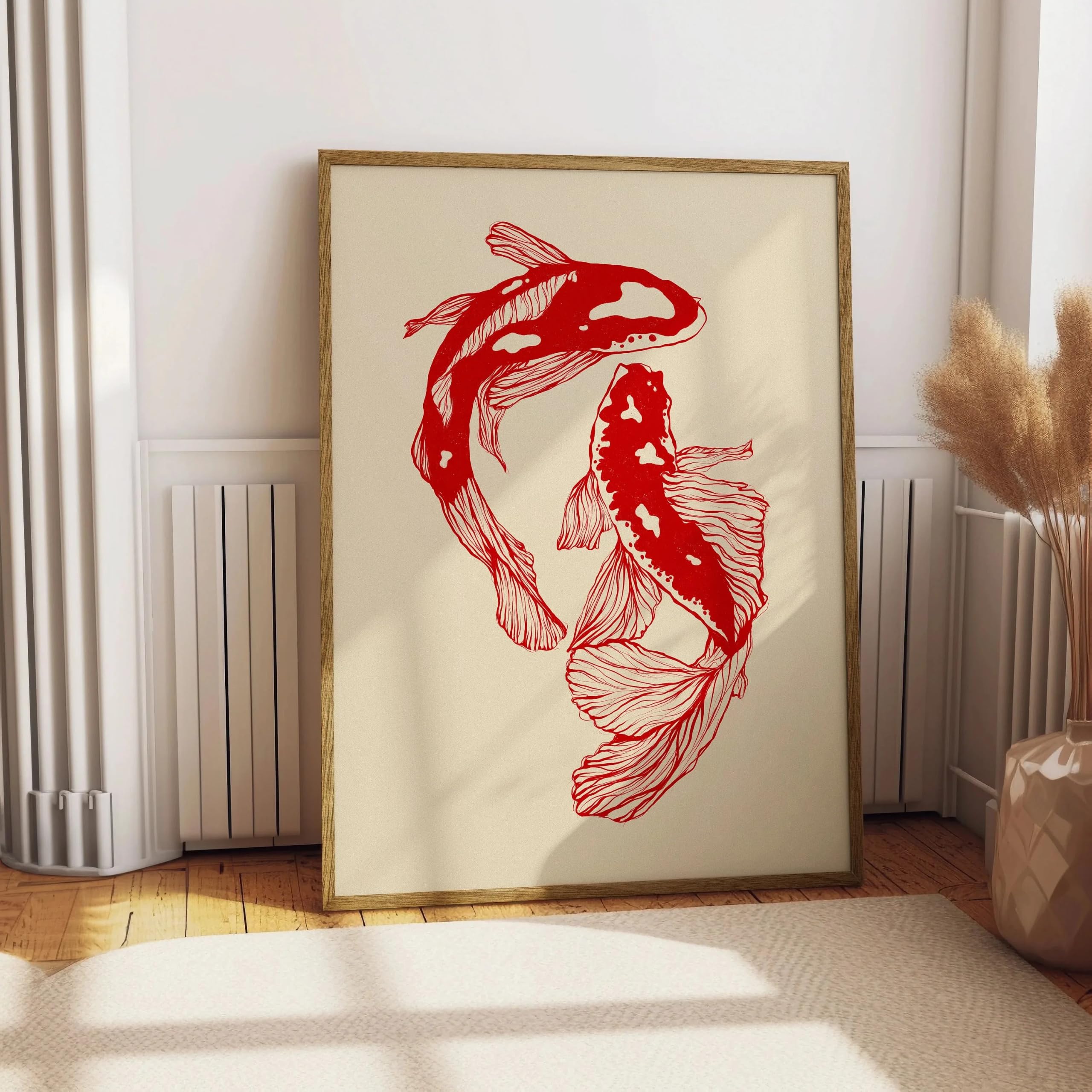 Lienzos con estampados de peces koi azules y rojos, pósteres de arte mural con peces koi japoneses de buena suerte para la decoración moderna del dormitorio (60x80cm/2 piezas sin marco).