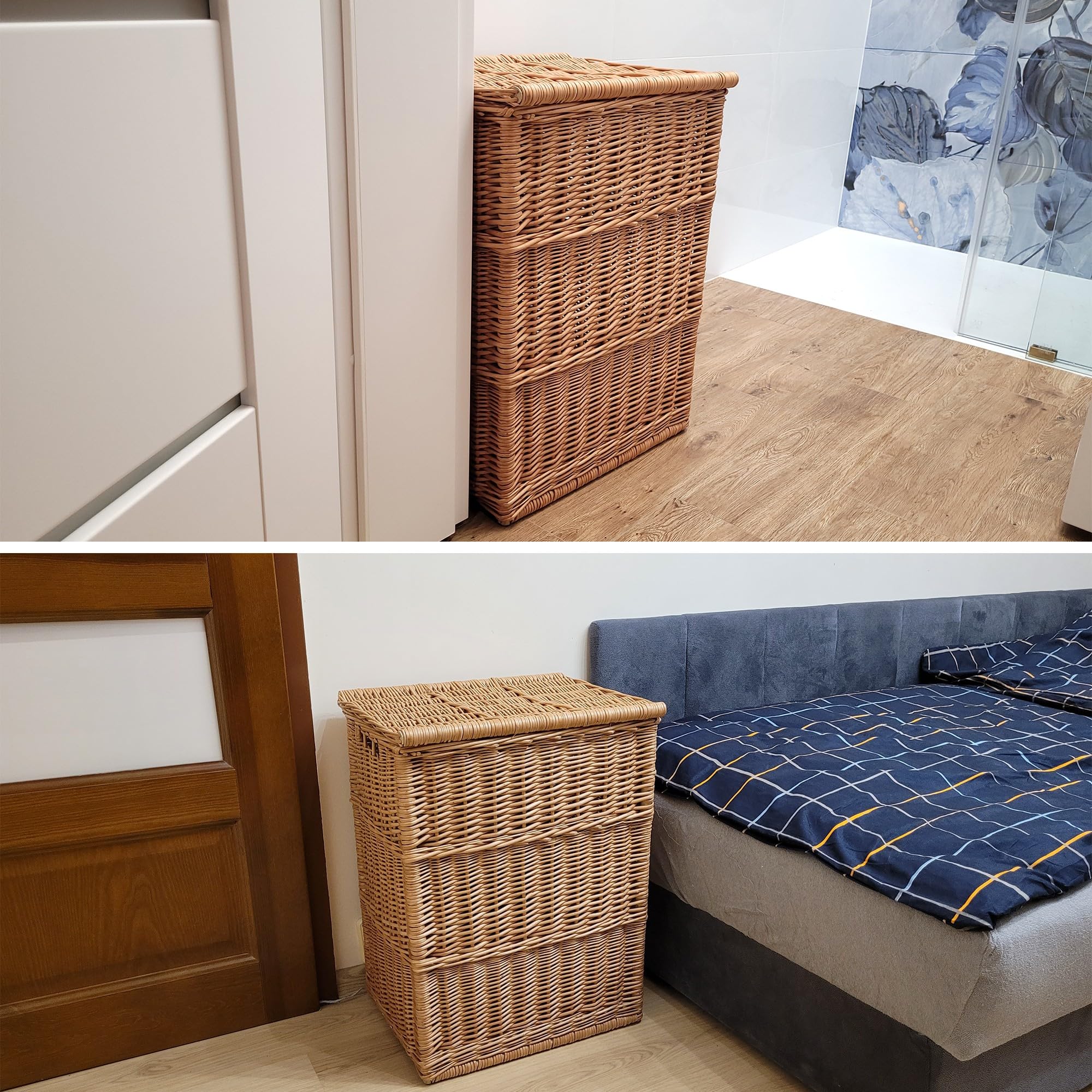 Panier en osier naturel weeco pour linge, vêtements ou jouets, couvercle rabattable et deux poignées de transport. Grand coffre en osier naturel pour vêtements, oreillers et jouets