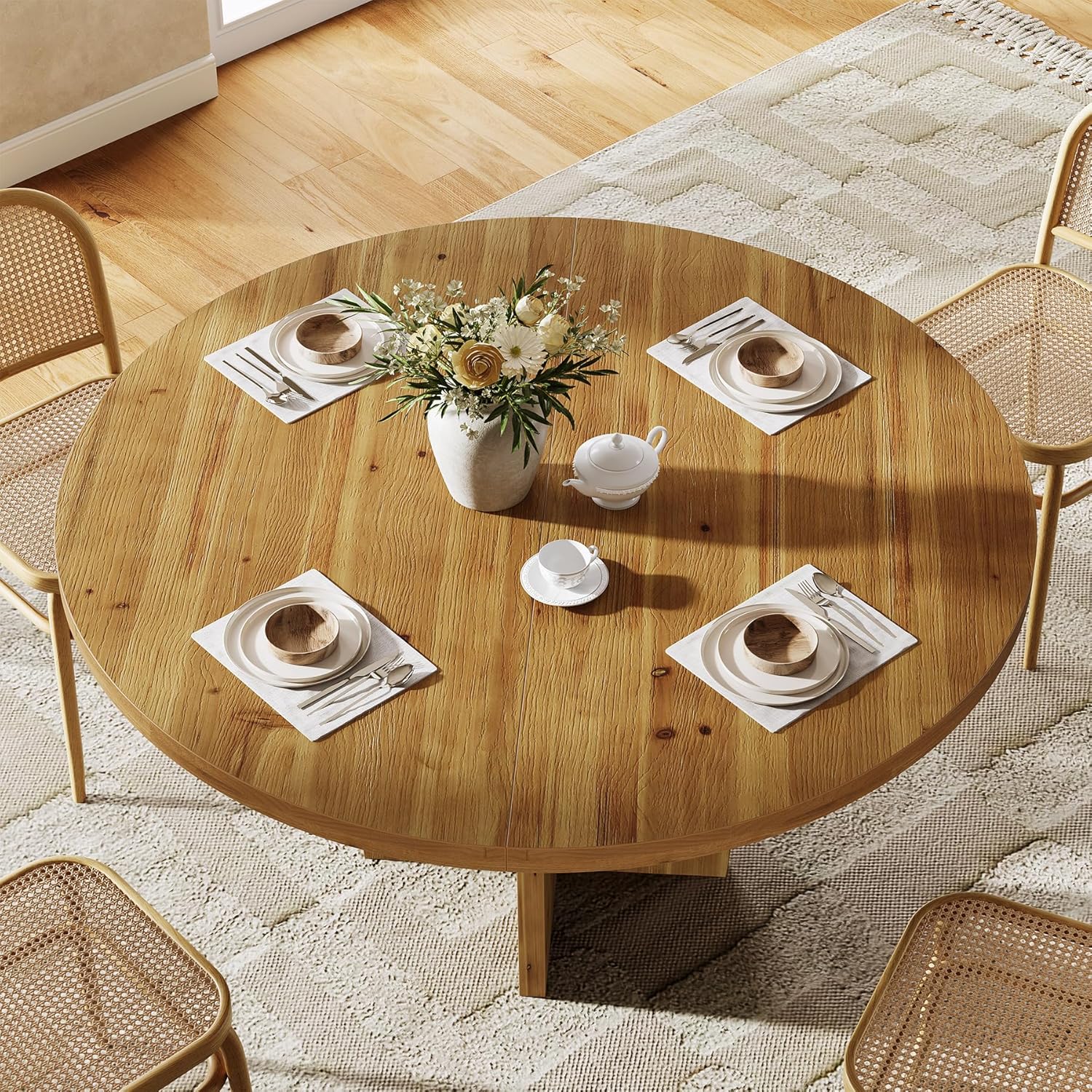 Solid Wood Round Dining Table, 47.2" Farmhouse Kitchen Table for 4-6 People, Kitchen, Living Room, Brown (Only Table)