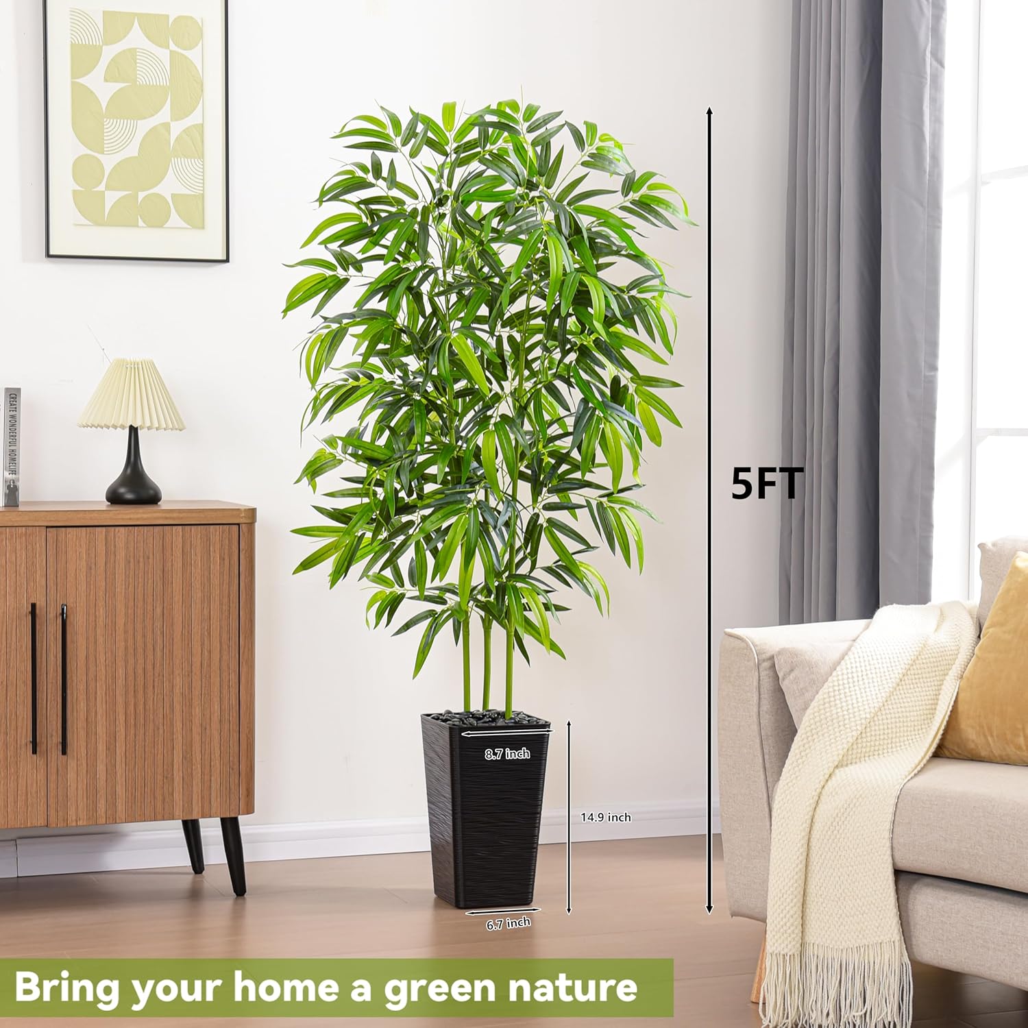 Artificial Bamboo Tree, 5FT Fake Plants Faux Bamboo Plant with Black Square Planter, Artificial Trees Faux Silk Plant with 3 Trunks & Green Lush Leaves for Home Office Indoor Outdoor Decor