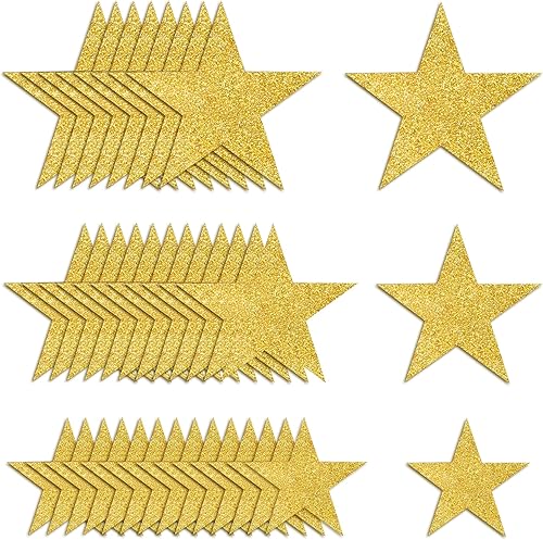 120 PCS Glitter Gold Five Star Cutouts Paper Star Cutouts Gold Star Cutouts for Bulletin Board Stars Classroom Wall Party Decoration Supply 3 Sizes