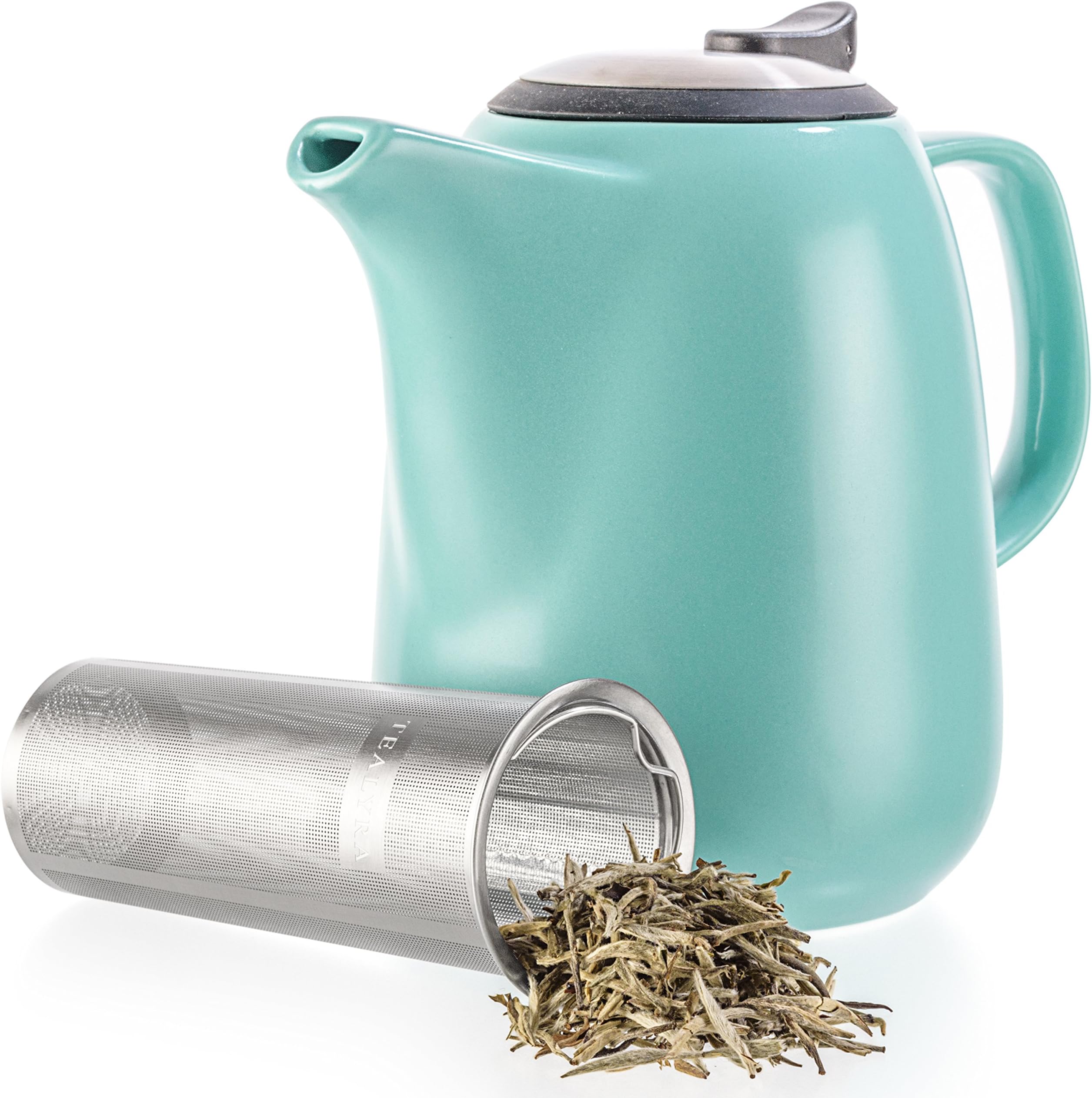 Tealyra - Daze Ceramic Large Teapot Turquoise - 47-ounce (6-7 cups) - With Stainless Steel Lid Extra-Fine Infuser for Loose Leaf Tea - 1400ml