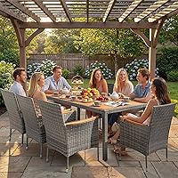 Vista 6 de Devoko Juego de comedor de patio al aire libre, 9 piezas, mesa de comedor y sillas de mimbre con mesa de madera de acacia y reposabrazos ampliados
