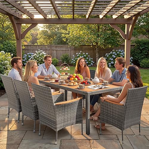 Miniatura 6 de Devoko Juego de comedor de patio al aire libre, 9 piezas, mesa de comedor y sillas de mimbre con mesa de madera de acacia y reposabrazos ampliados