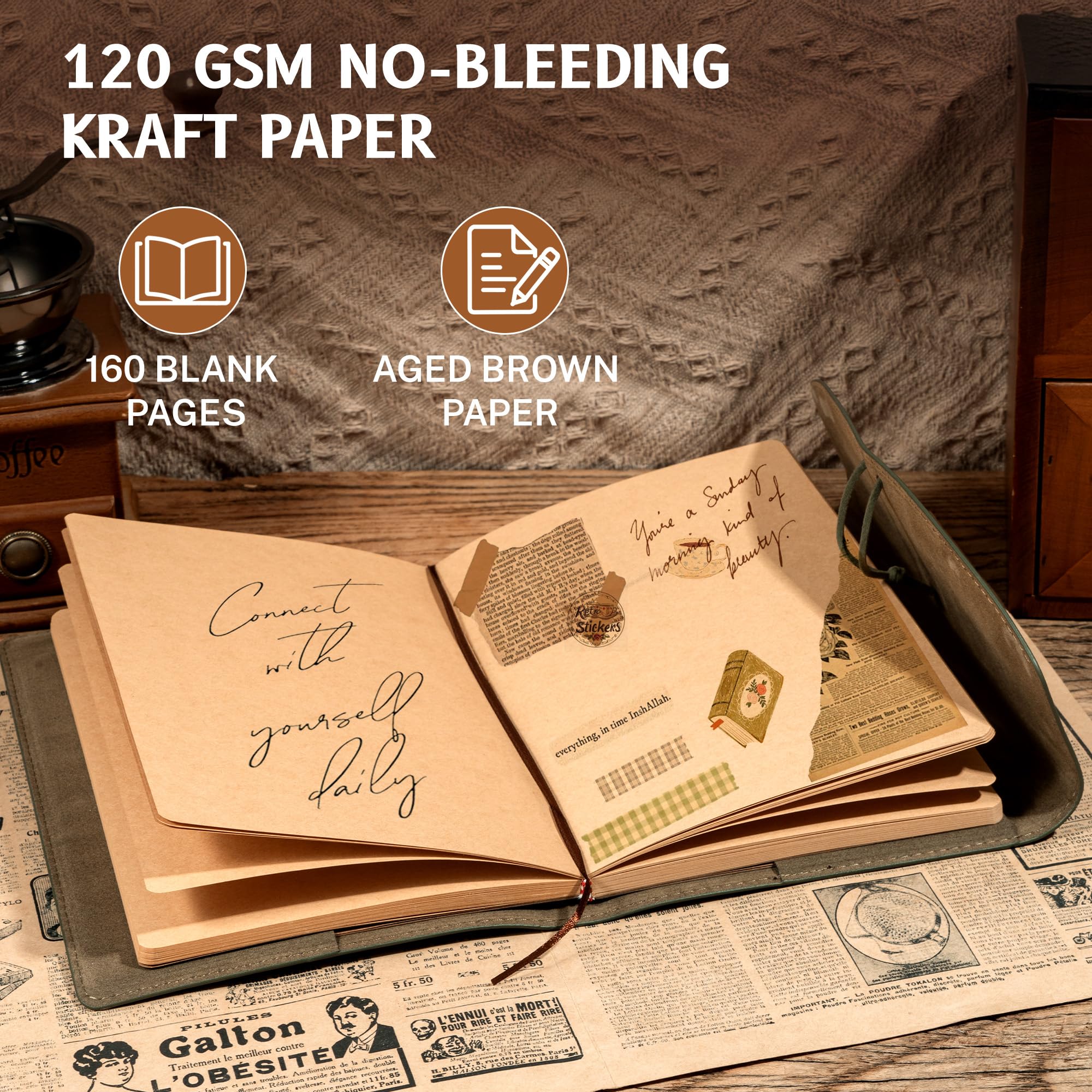 MINICAGIE Vintage-Leder-Tagebuch für Damen und Herren, Lederbindung, Junk-Tagebuch, Notizbuch, Buch der Schatten, Tagebücher für Reisen, Schreiben, Skizzenbuch, Scrapbook, weicher Einband, Grün