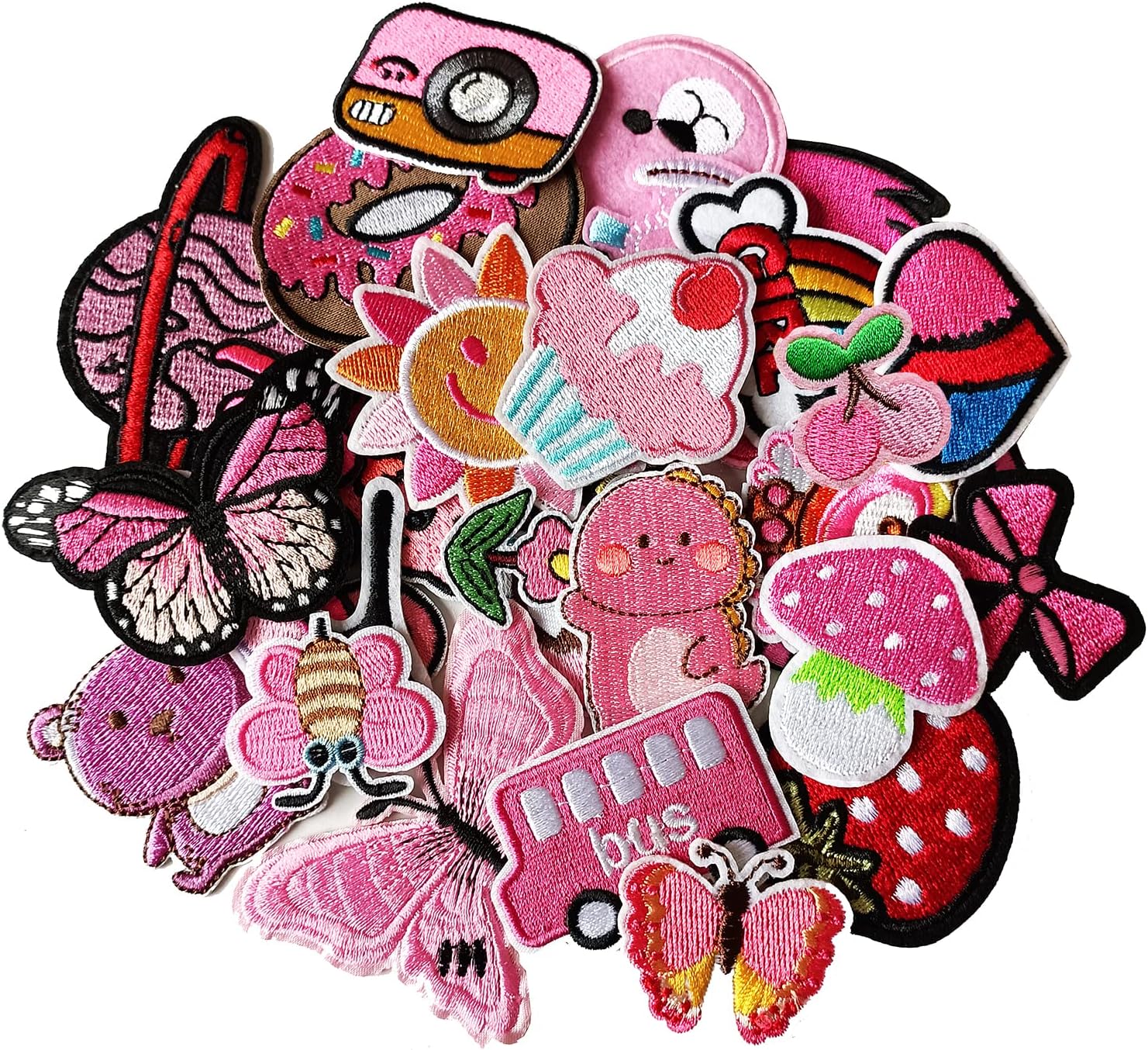 30pcs Pink Embroidered Iron on Patches Assorted Size DIY Patches Applique for Girls Clothing Jackets Jeans Pants Backpacks