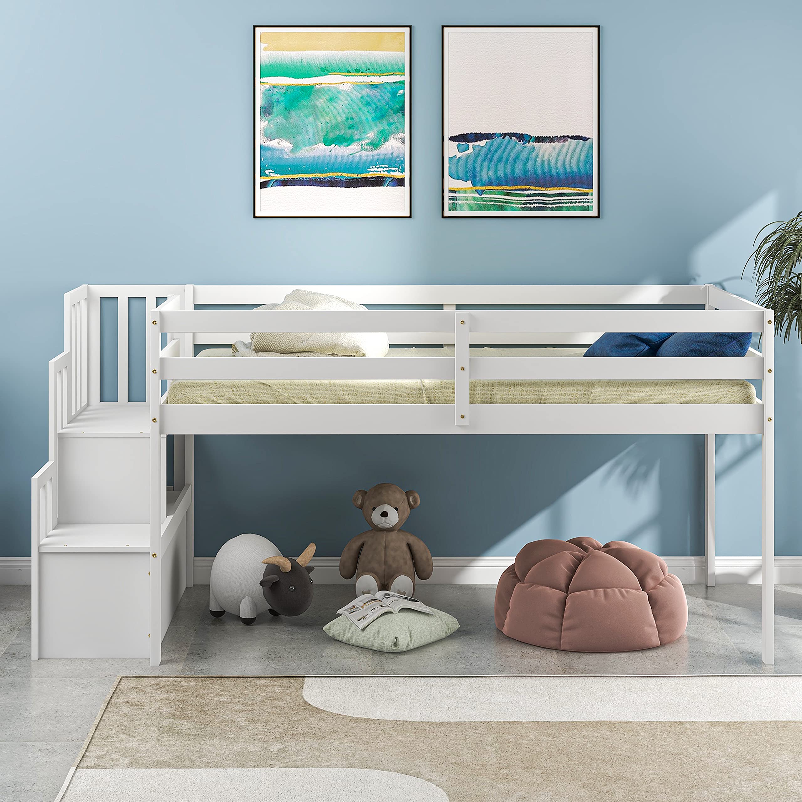 LoLado Twin Loft Bed with Stairs Storage Shelf for Kids Boys Girls Young Children (White)