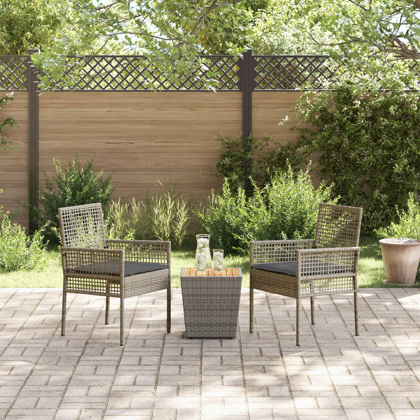 LAPOOH Set Bistro da Giardino 3 Pezzi con Cuscini Grigio in Polyrattan,Set da Bistrot,Set da Bistrot per Giardino,Set di Giardino-3334961