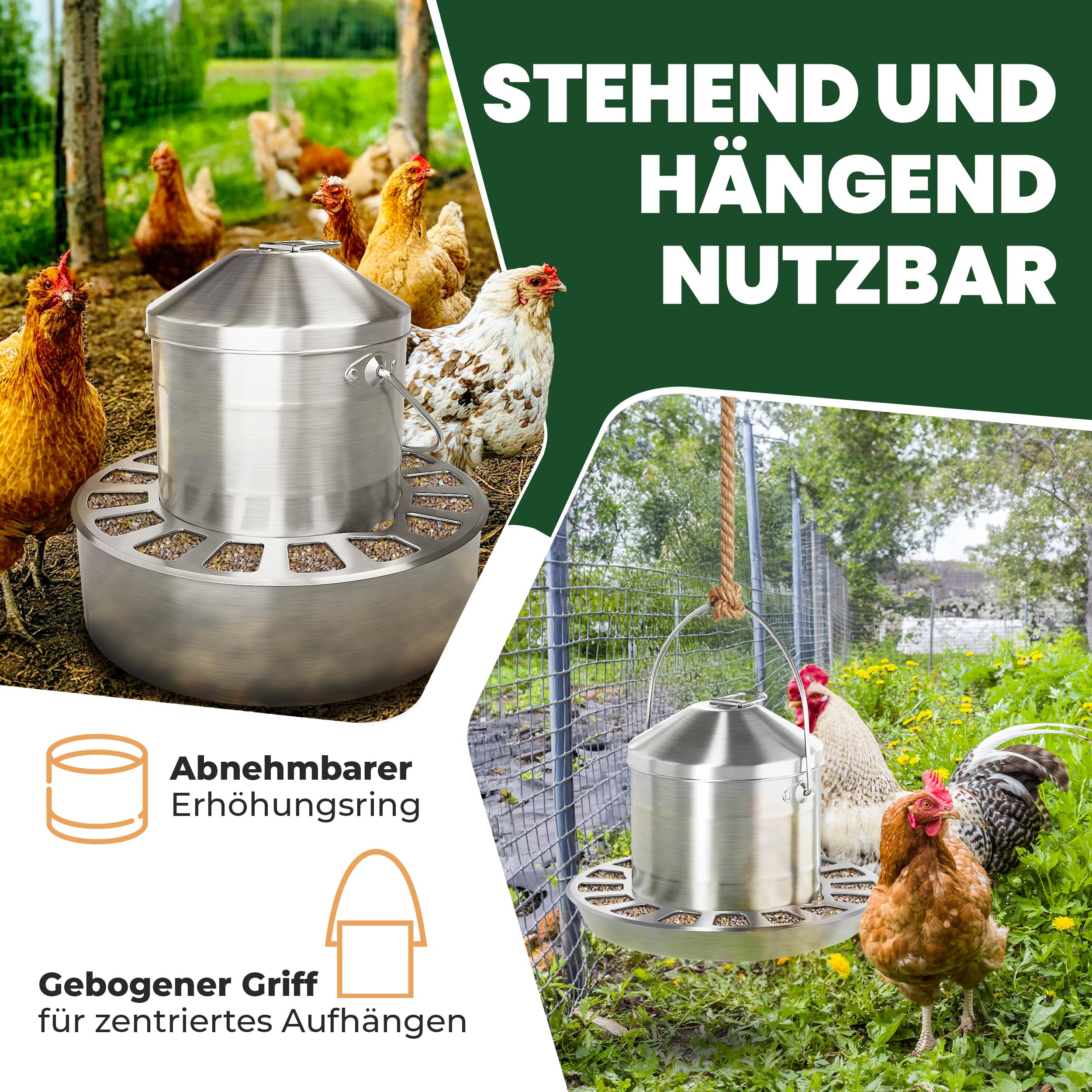 Edelstahl Futterautomat Hühner (4L / 8L / 12L Volumen) I Spart bis zu 40% Futter I aufhängbar & rattensicher I Abnehmbares klick-Gitter I Spülmaschinengeeignet I frei von scharfen Kanten