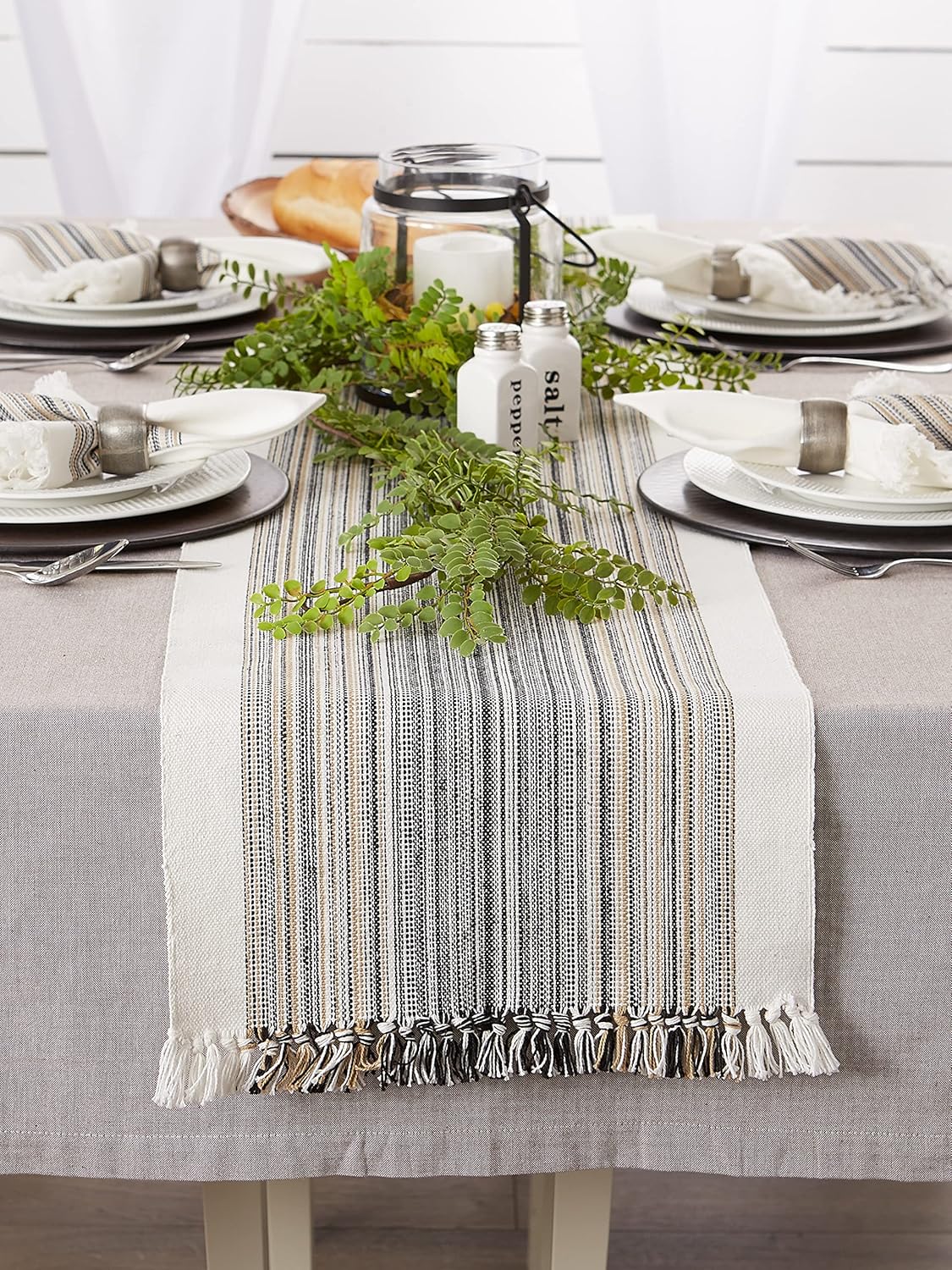 DII Everyday Collection Fringed Stripe Tabletop, Table Runner, 14x108, Black
