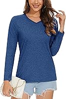 Vista 1 de MAGCOMSEN Camisetas básicas de algodón de manga larga con cuello en V para mujer, suaves, lisas, transpirables, casuales, para verano