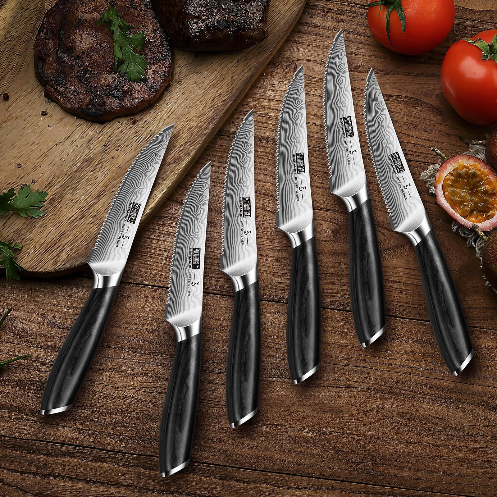 HOSHANHO 6-Teilig Steakmesser-Set, 11,5 cm Steakmesser Set mit Japanischer Wellenschliffklinge, Ultrascharfes Steakmesser aus Pulverisiertem Kohlenstoffstahl mit Pakkaholzgriff
