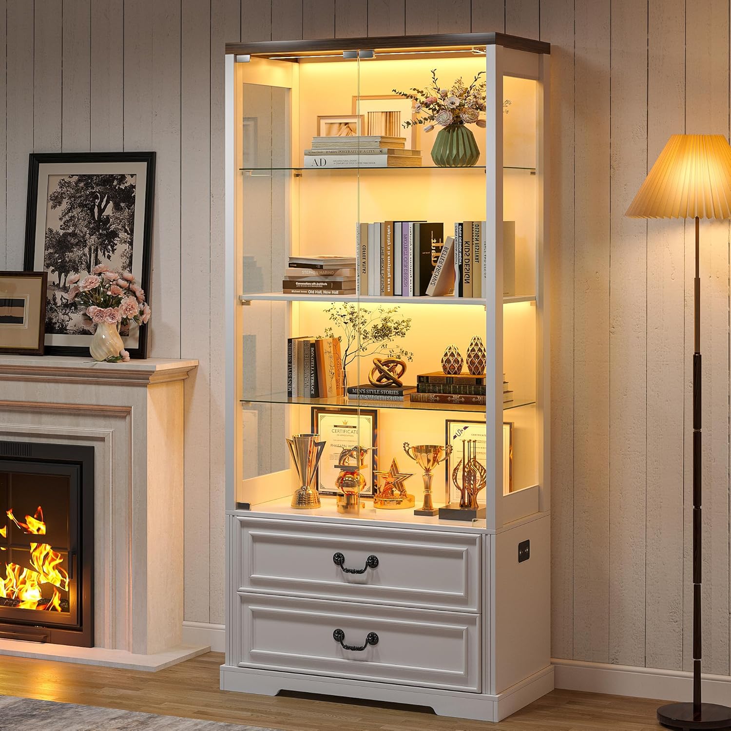TAGELIER 67" Tall Display Cabinet with Glass Doors and 2 Drawers, Adjustable Glass Height Bookcase, Curio Cabinet with 3 LED Lights and Human Body Sensor (White)