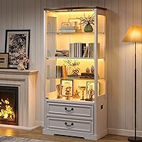 TAGELIER 67" White Glass Display Cabinet with Motion Sensor LED Lights, Adjustable Shelves, Pop-Up Doors & 2 Drawers - Curio Bookcase