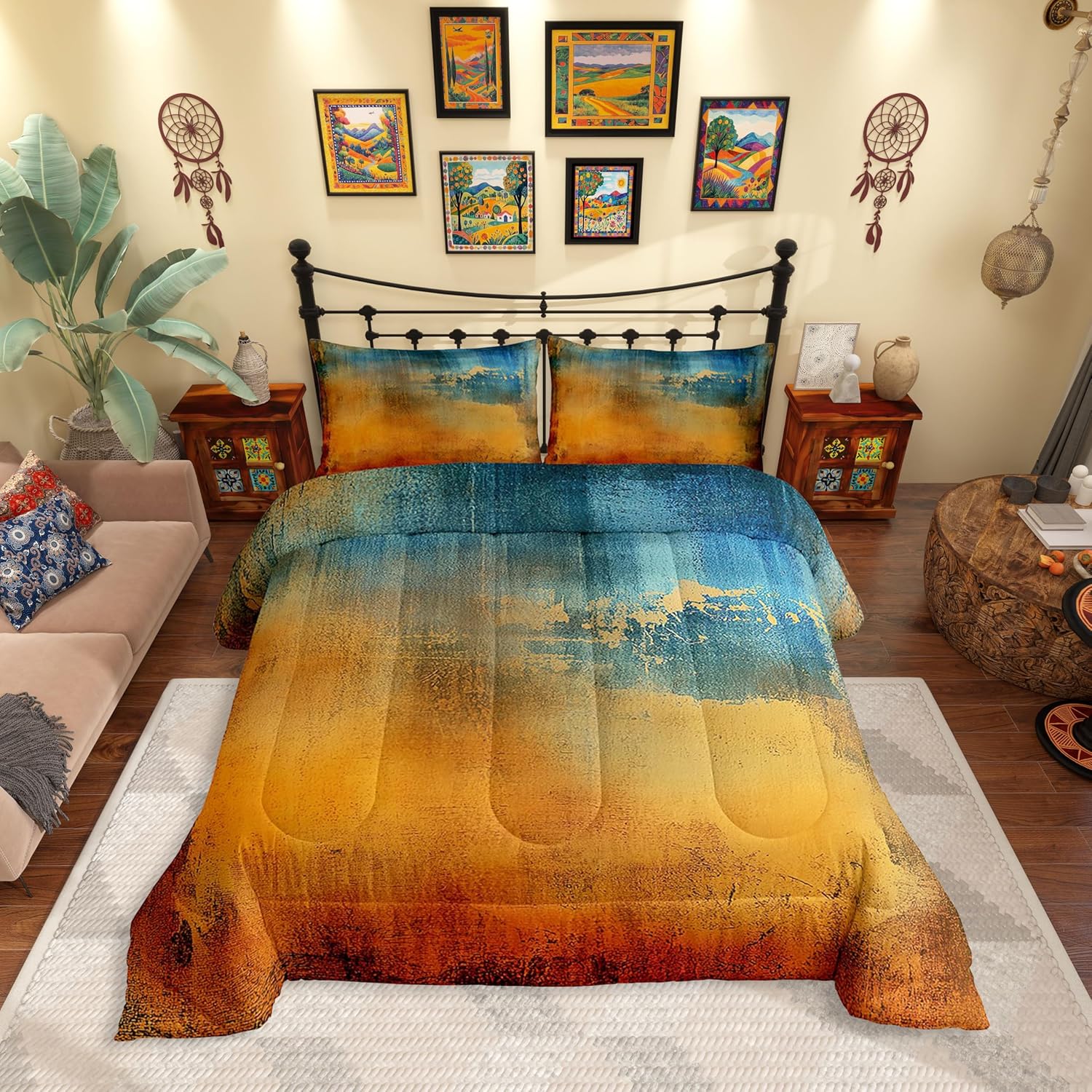 Erosebridal Grunge Bedding Set King Size Retro Ombre Comforter Set for Kids Men Women Rainbow Oil Painting Beige Light Blue Comforter All Season Duvet Quilt