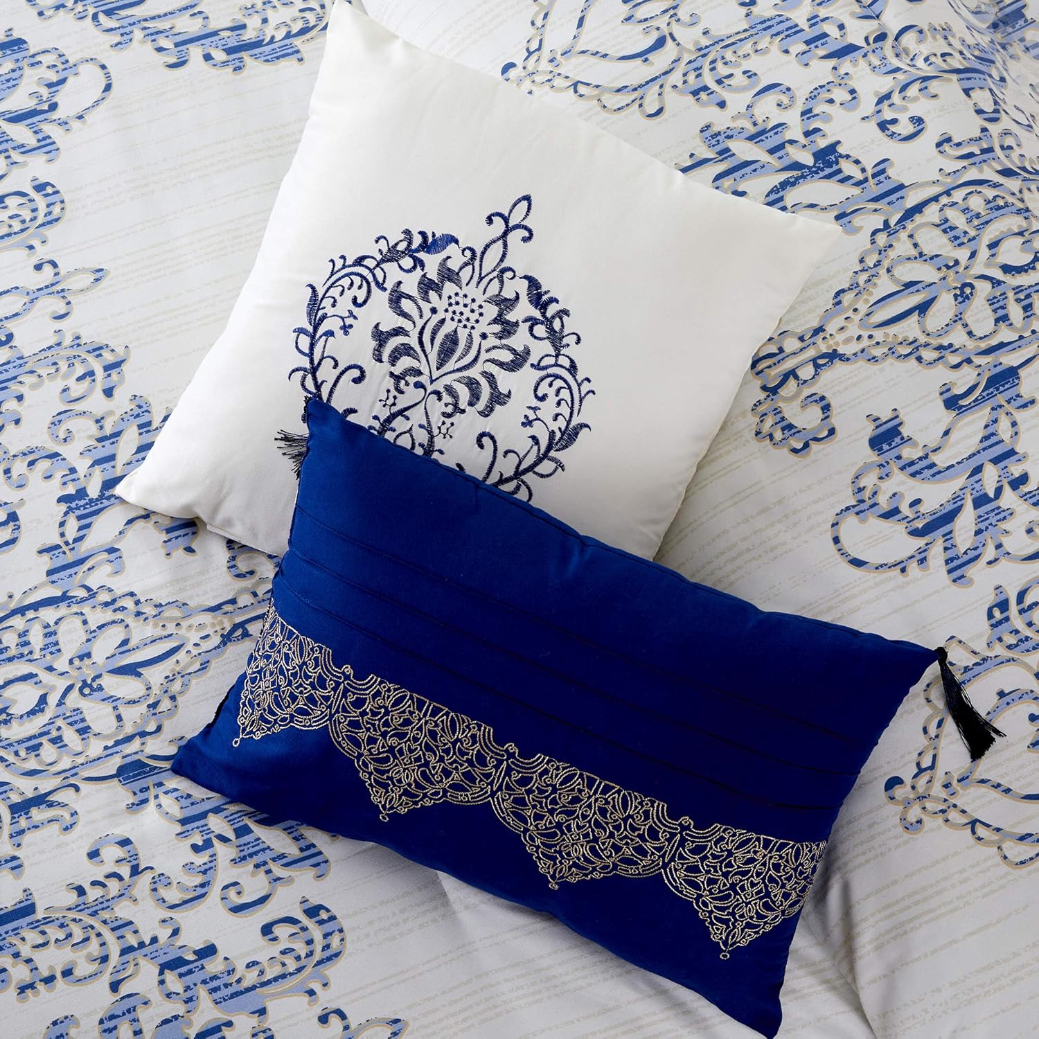 Flash Deals - 50% OFF Modern Threads Marque 10-Piece Comforter and Coverlet Set, Queen, White/Blue