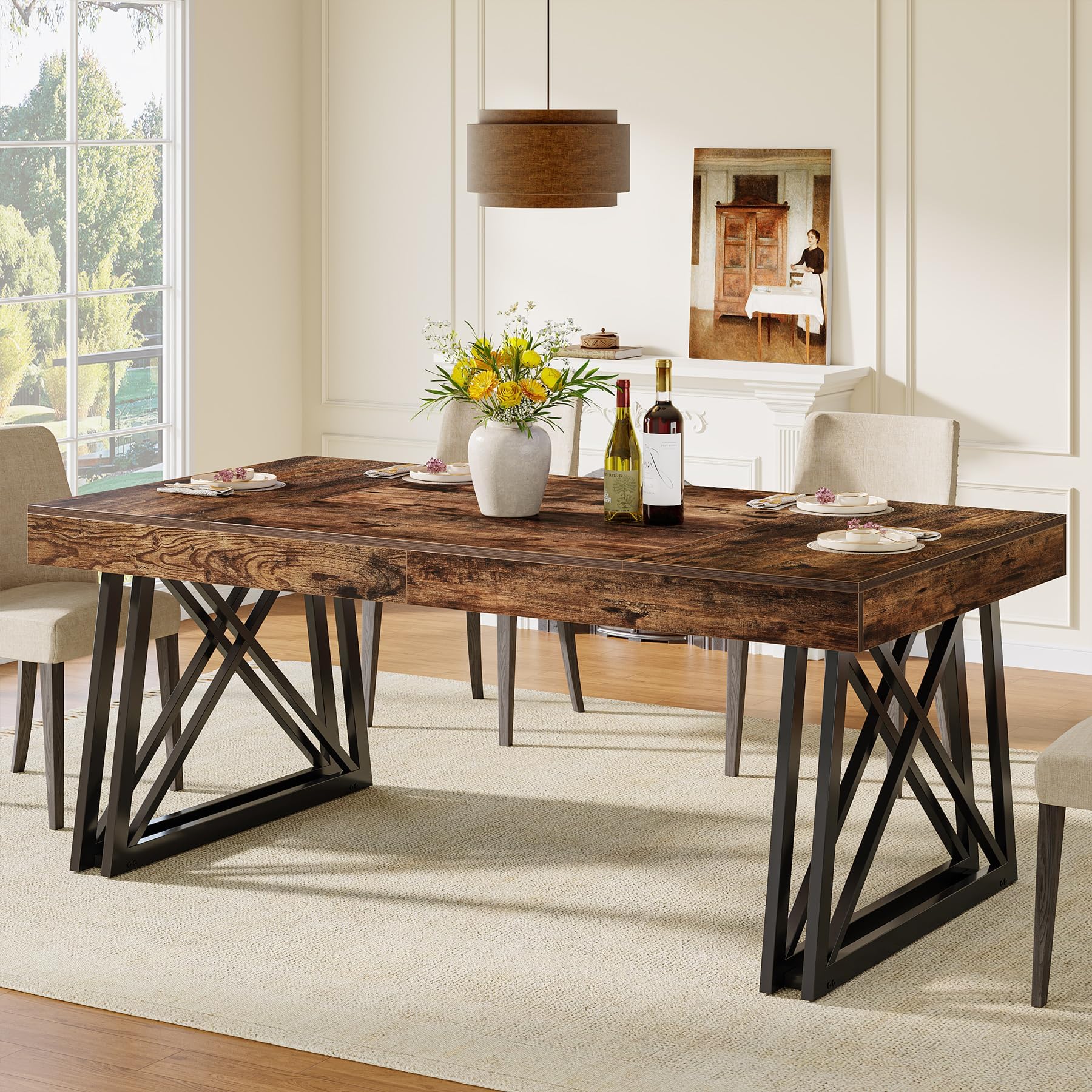 Tribesigns Dining Table for 4-6, 160 cm Farmhouse Kitchen Table with Sturdy Metal Legs, Rectangular Dinner Furniture for Home, Living Room, Rustic Brown & Black