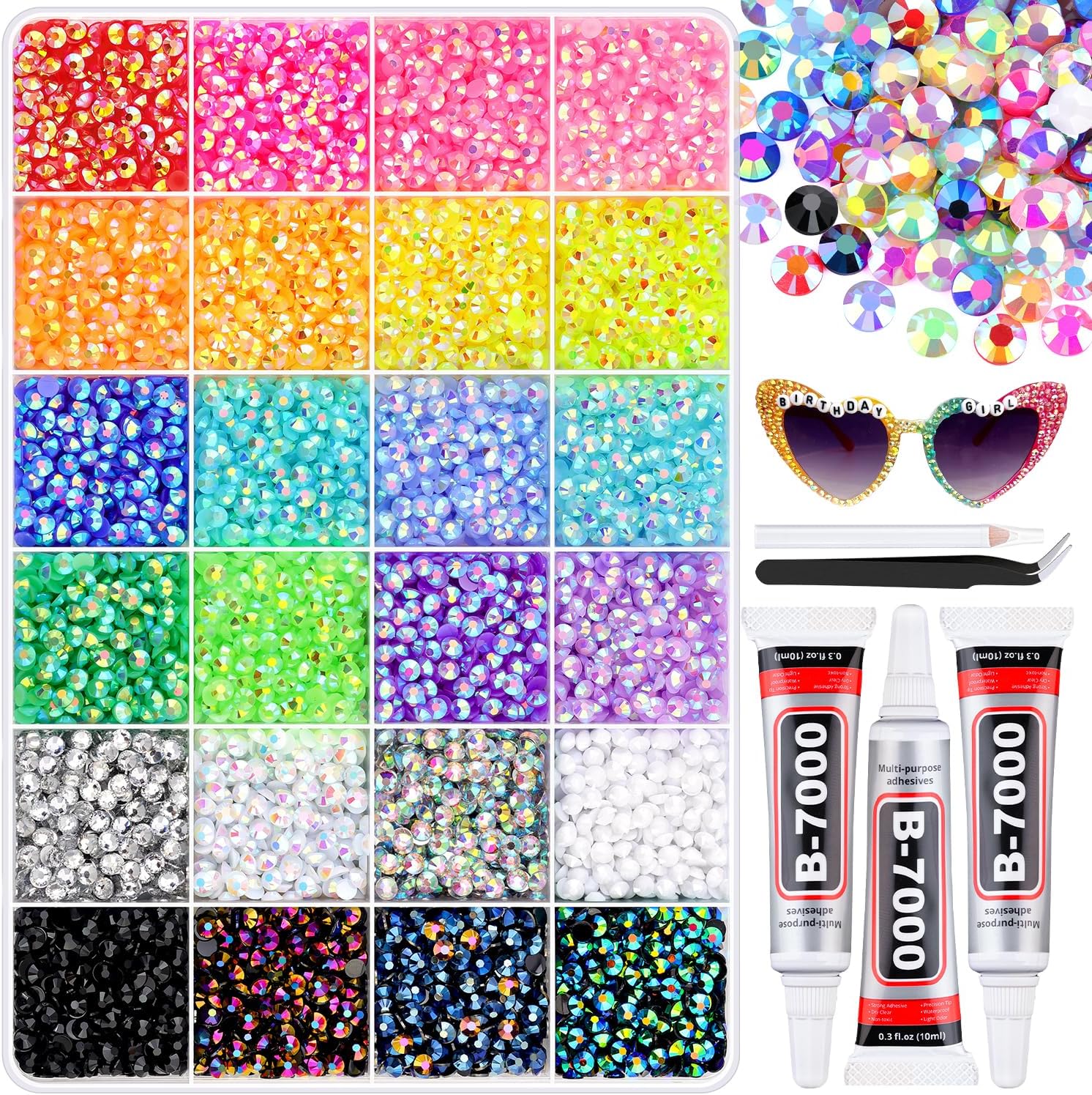 16000Pcs Resin Rhinestones for Bedazzling with B7000 Jewelry Glue, 4MM Colorful Gems Flatback Rhinestones for Crafting, Crystal for DIY Crafts Clothing Tumblers Mugs Shoes Fabric Decor Nail Art