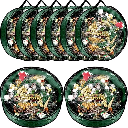 Vista 18 de Dunzy 8 contenedores de corona de Navidad, bolsa de almacenamiento de guirnalda resistente a desgarros, cajas redondas con ventana transparente