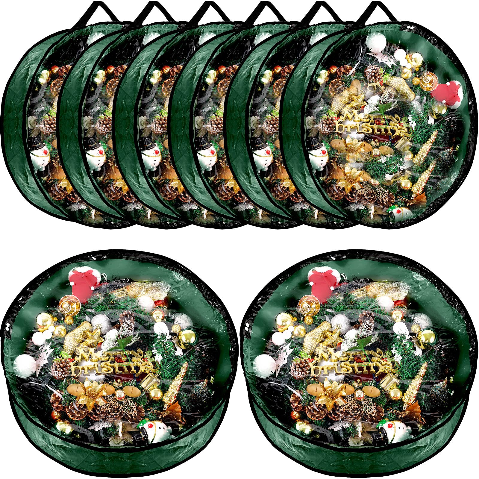 Dunzy 8 Pieces Christmas Wreath Storage Bag Garland Wreath Container Tear Resistant Fabric Round Wreath Boxes with Clear Window for Storage for Xmas Holiday Ornament (Green,24'')