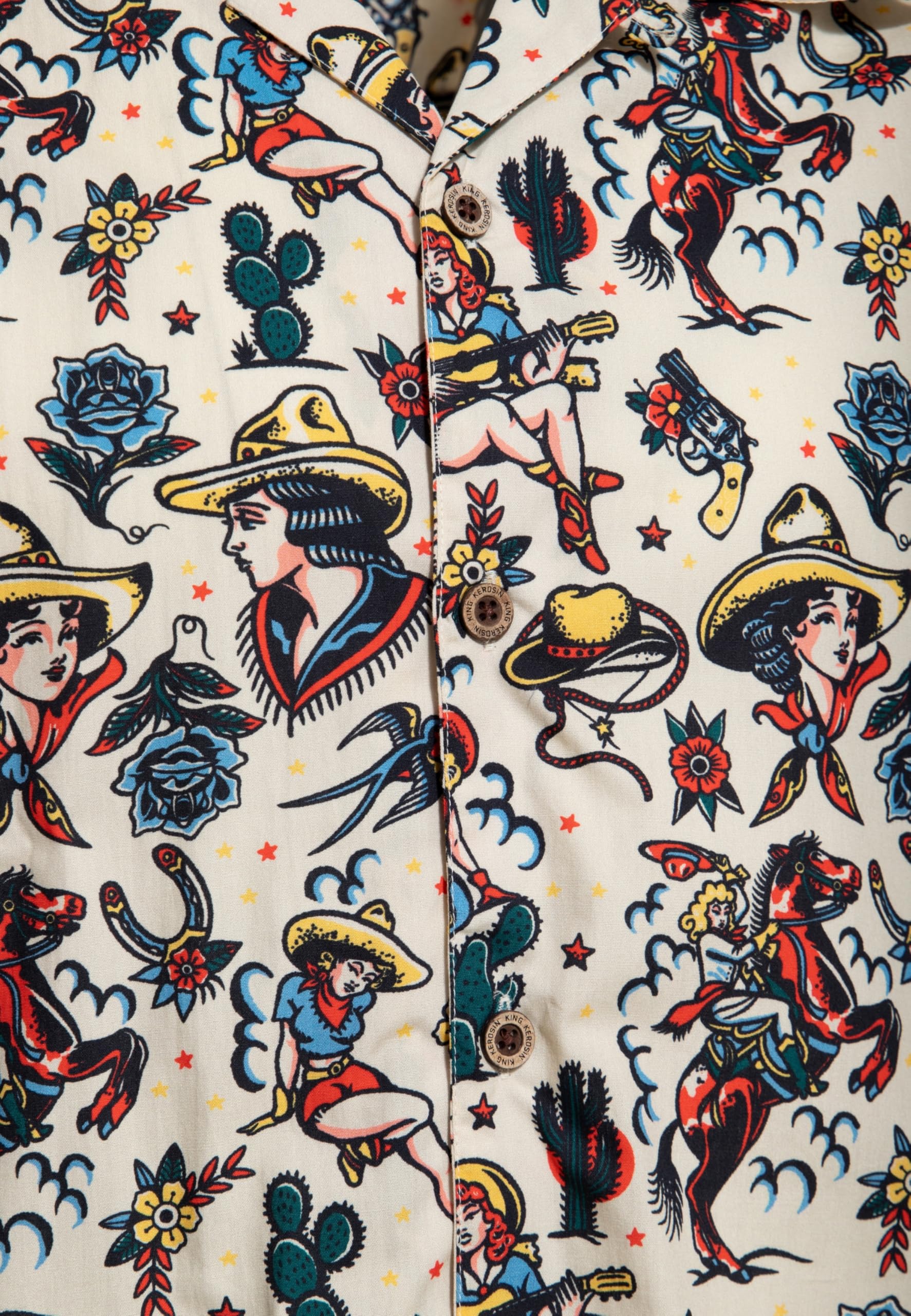 King Kerosin Herren Hawaiihemd Mit Western-Elementen Im Tattoo-Stil Cowgirl