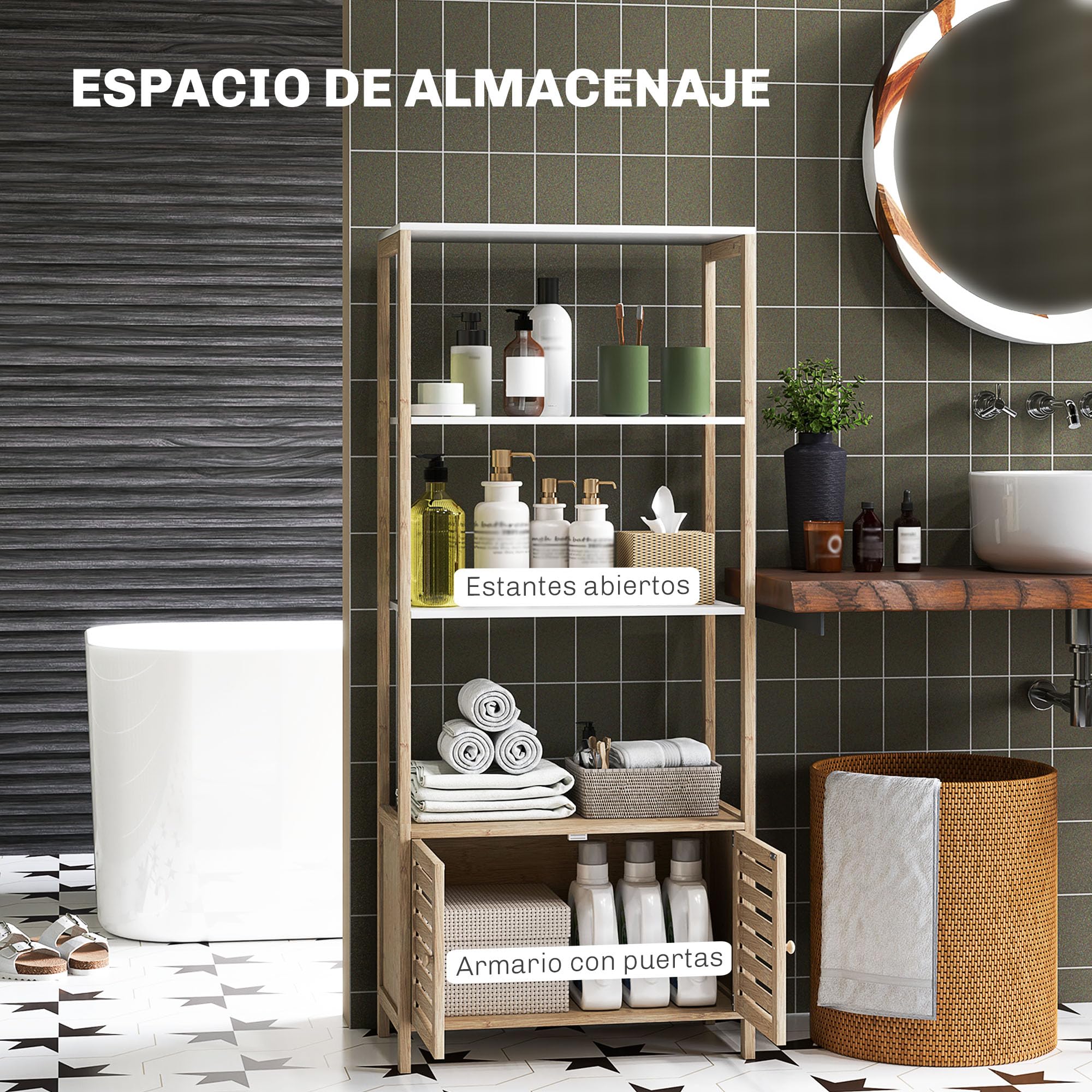HOMCOM Estantería de Baño de Bambú con 3 Estantes Abiertos Estantería de Almacenaje con Puertas de Lamas 63x30x138 cm Natural y Blanco