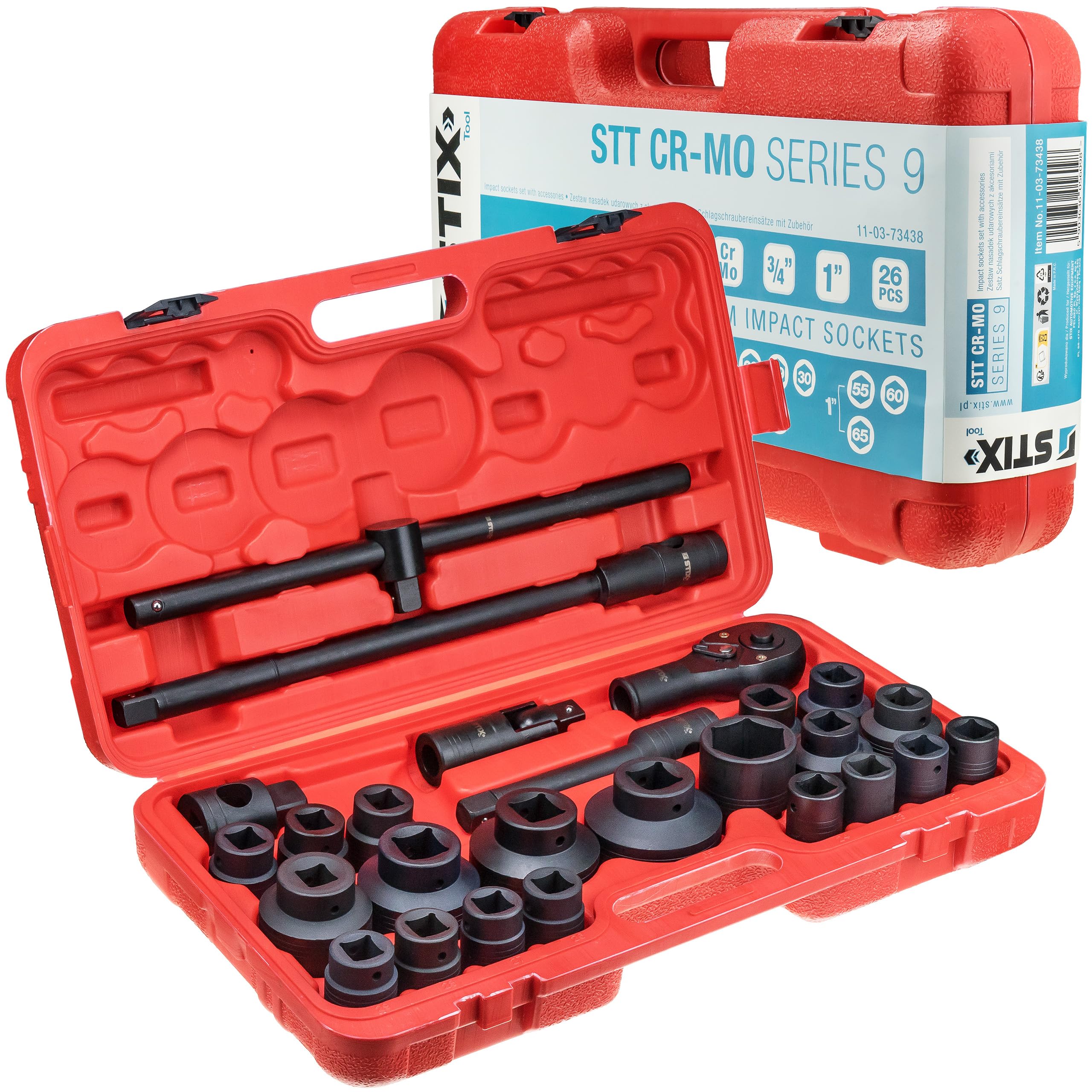 STIX Juego de 26 llaves de vaso de 3/4" y 1" CR-MO – Tuercas largas 21-65 mm para llave de impacto, incluye accesorios y maletín robusto para profesionales