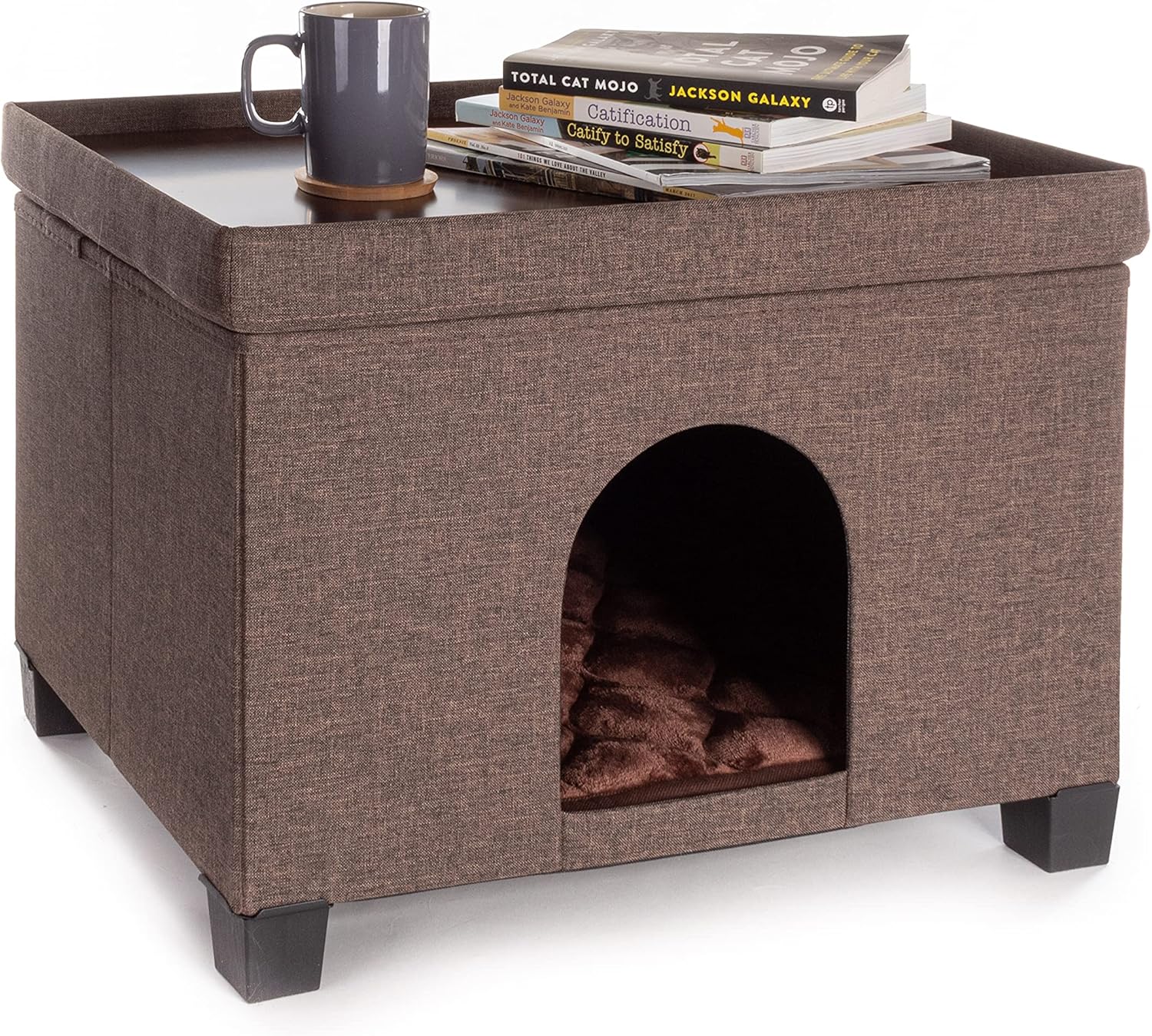 Pawristocrat Unique Multifunctional Pet House Ottoman with Tray Table - Folding Footrest Seat - Large Cat Cube Condo - Beds for Cats and Small Dogs with Fully Washable Mat - Chocolate Bench 24 x 18 : Pet Supplies