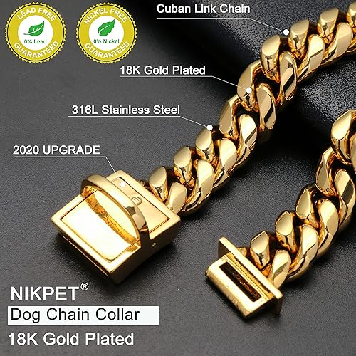 Miniatura 4 de Collar de cadena de oro para perro, de metal de 18 quilates, cadena de eslabones cubanos de acero inoxidable fuerte, resistente, a prueba de