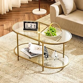 VINGLI 38" Oval Coffee Table, Transparent Glass Coffee Tables for Living, Modern Coffe Table with 2-Tier Storage, Tea Table for Small Space, Office, Balcony, Matte Gold