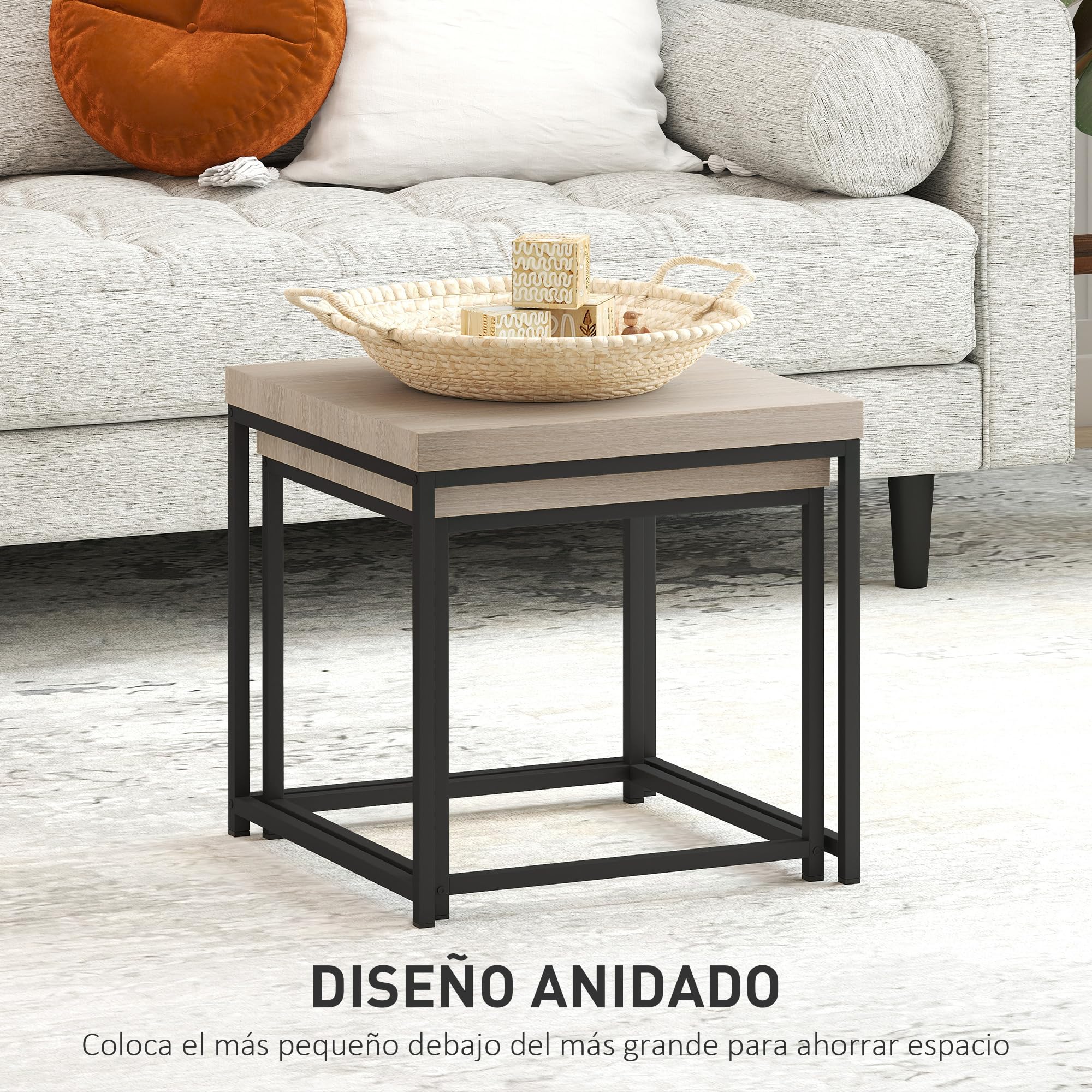 HOMCOM Juego de 2 Mesas de Centro, Mesa Nido Moderna, Mesitas Auxiliares, Patas de Acero, para Salón, Dormitorio, Oficina, Roble