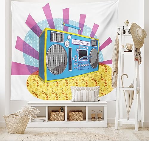 Miniatura 2 de Ambesonne Tapiz de fiesta de los años 70, caja retro en arte pop, música de baile, composición colorida impresa, colgante de pared para dormitorio,