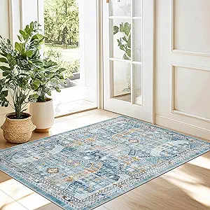 Madane Washable Area Rug 2x3, Small Entryway Rug Non-Slip Vintage Door Mat Indoor Entrance, Low Pile Floor Carpet for Inside Front Door Bedroom Kitchen Entry Laundry (2'x3', Blue/Gold)
