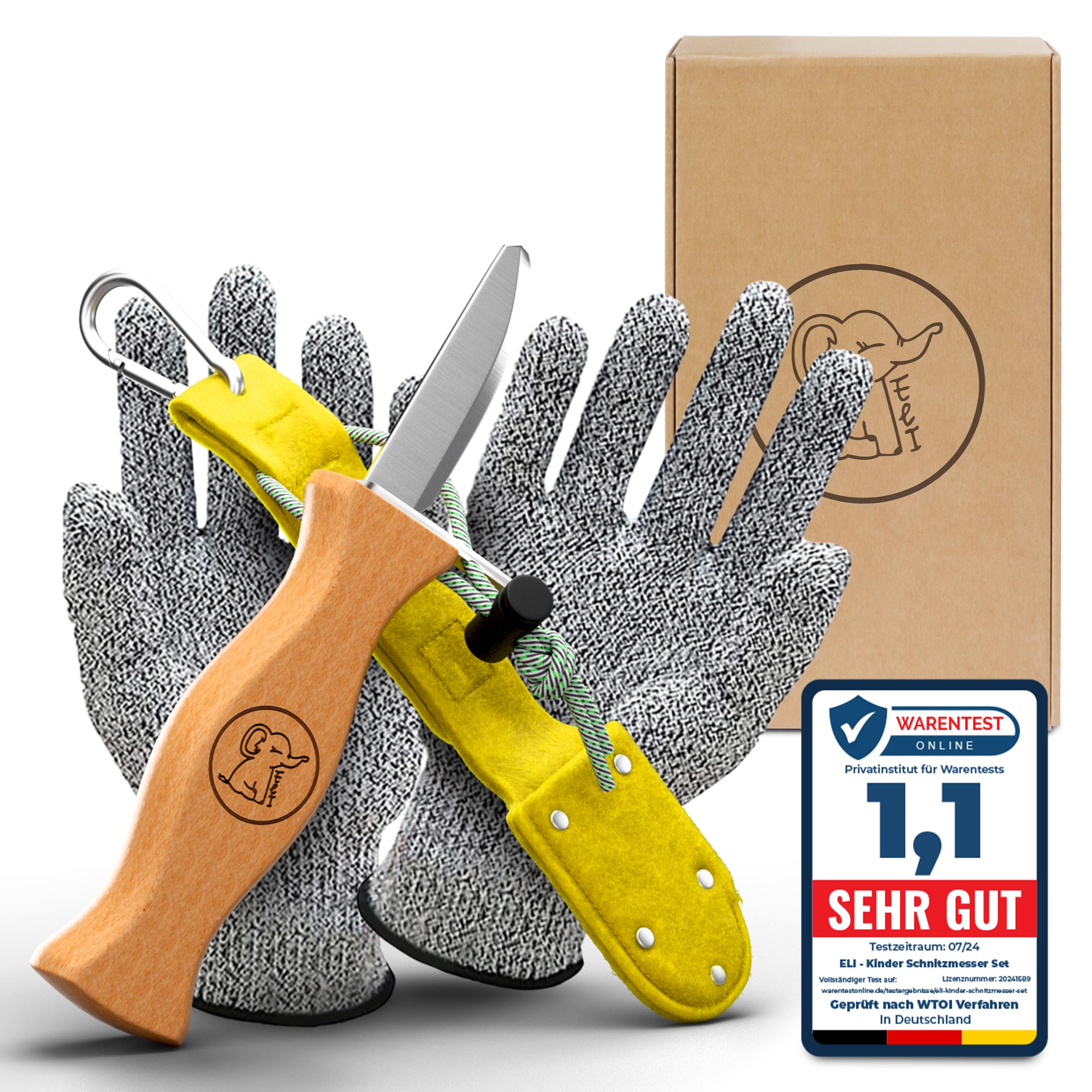 Eli® Cuchillo de Tallado para Niños con Funda de Fieltro desde 6 Años – Cuchillo Infantil Set de Tallado incl. Guantes Resistentes a Cortes – Cuchillo de Talla para Niños – Herramienta de Tallado
