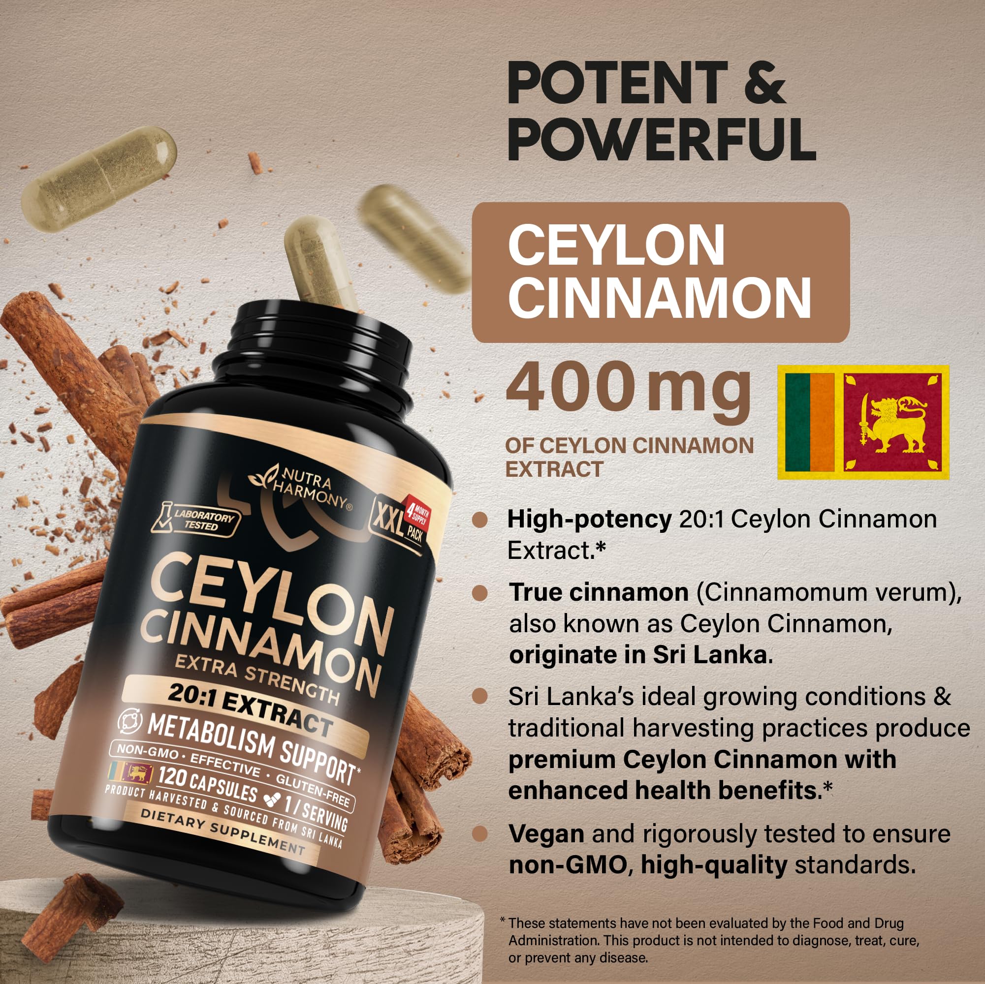 Ceylon Cinnamon Capsules - Energy Heart & Metabolism Support - 120 Capsules — Amazon image 4