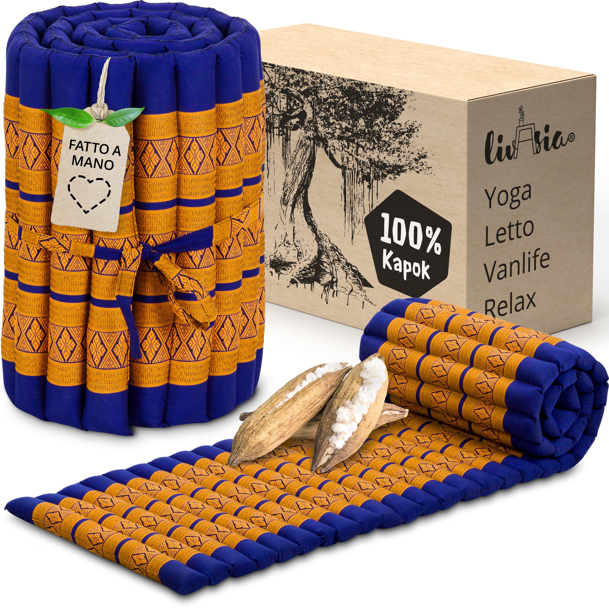 livasia Materasso pieghevole sostenibile in kapok - 200x80x8cm - materasso per gli ospiti, materasso pieghevole per van, tappetino yoga, letto per gli ospiti, lettino per giardino e balcone (Azzurro