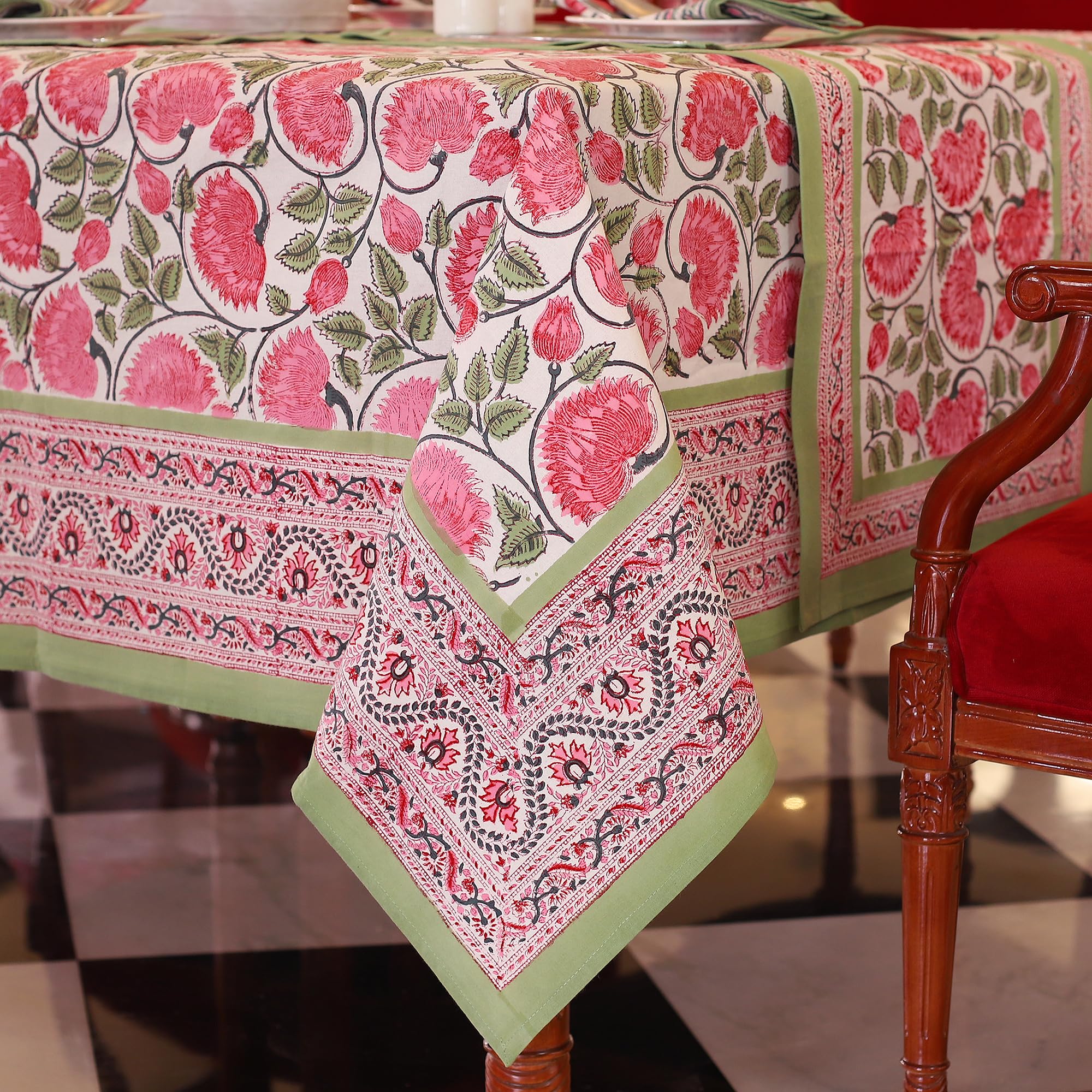 Photo 1 of Labhanshi Indian Handblock Print Floral Cotton Rectangle 60x90 Inch 6-Seater Dining Tablecloth|Washable St. Patrick Picnic Outdoor Camping Festive Mother's Day Table Cover|Green Pink Lotus