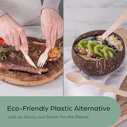 Miniatura 2 de Juego de utensilios de madera compostables, 900 piezas (300 tenedores, 300 cucharas, 300 cuchillos), cubiertos desechables de madera resistentes,