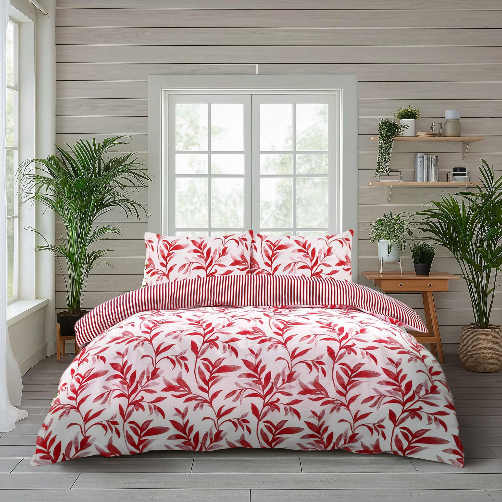 Home Sweet Home UK Double Duvet Cover Set – Soft Polycotton, Ella Leaf & Stripe Reversible Design, Printed Bedding with Matching Pillowcase, Durable & Machine Washable