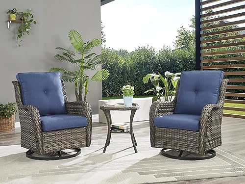 Miniatura 7 de Mecedora de mimbre giratoria  Juego de 2 sillas basculantes de patio de ratán para exteriores porche terraza jardín patio trasero gris mixtoazul