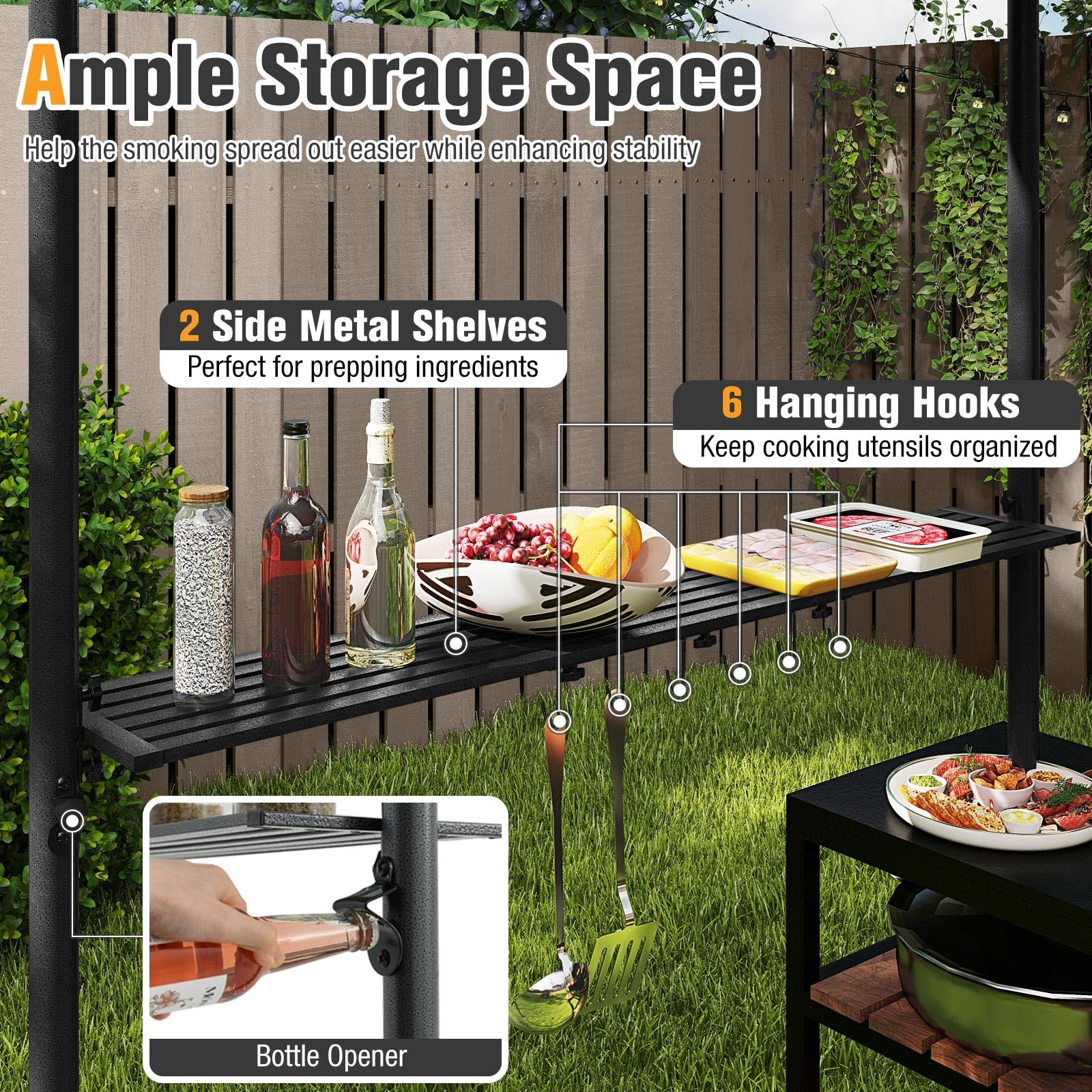 RELAX4LIFE Tonnelle Barbecue Exterieur à Double Toit | Auvent Abri pour Barbecue | Cadre en Métal | 2 Étagères | 6 Crochets | Ouvre-Bouteille | Tonnelle de Jardin Extérieur Facile à Monter