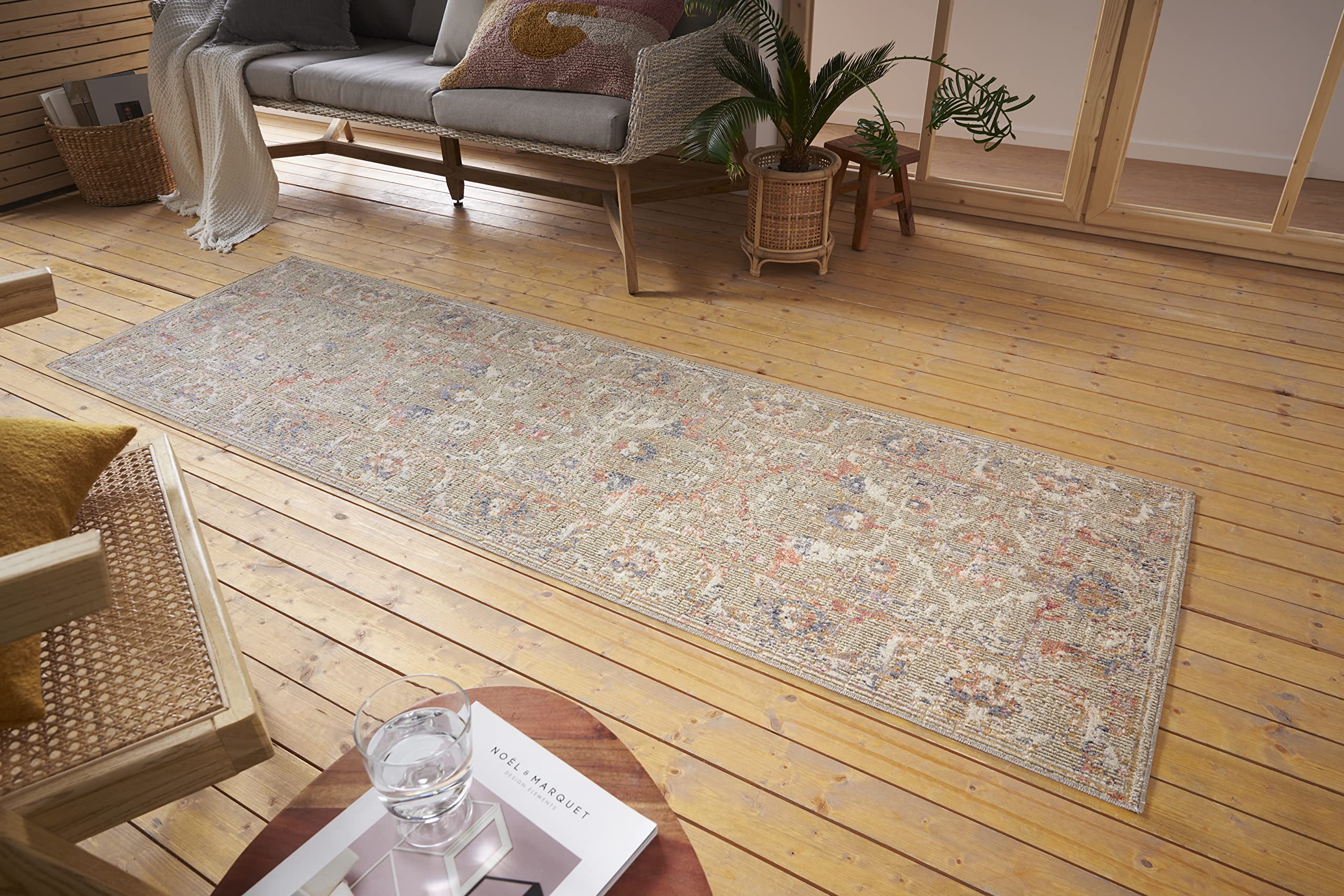 Port Said In- & Outdoor Teppich Orientalisch – Flachgewebe Orient Muster Vintage Used Look Waschbar Wetterfest & UV-beständig für Balkon, Terrasse, Garten, Wohnzimmer – Creme Rot, 75x200cm