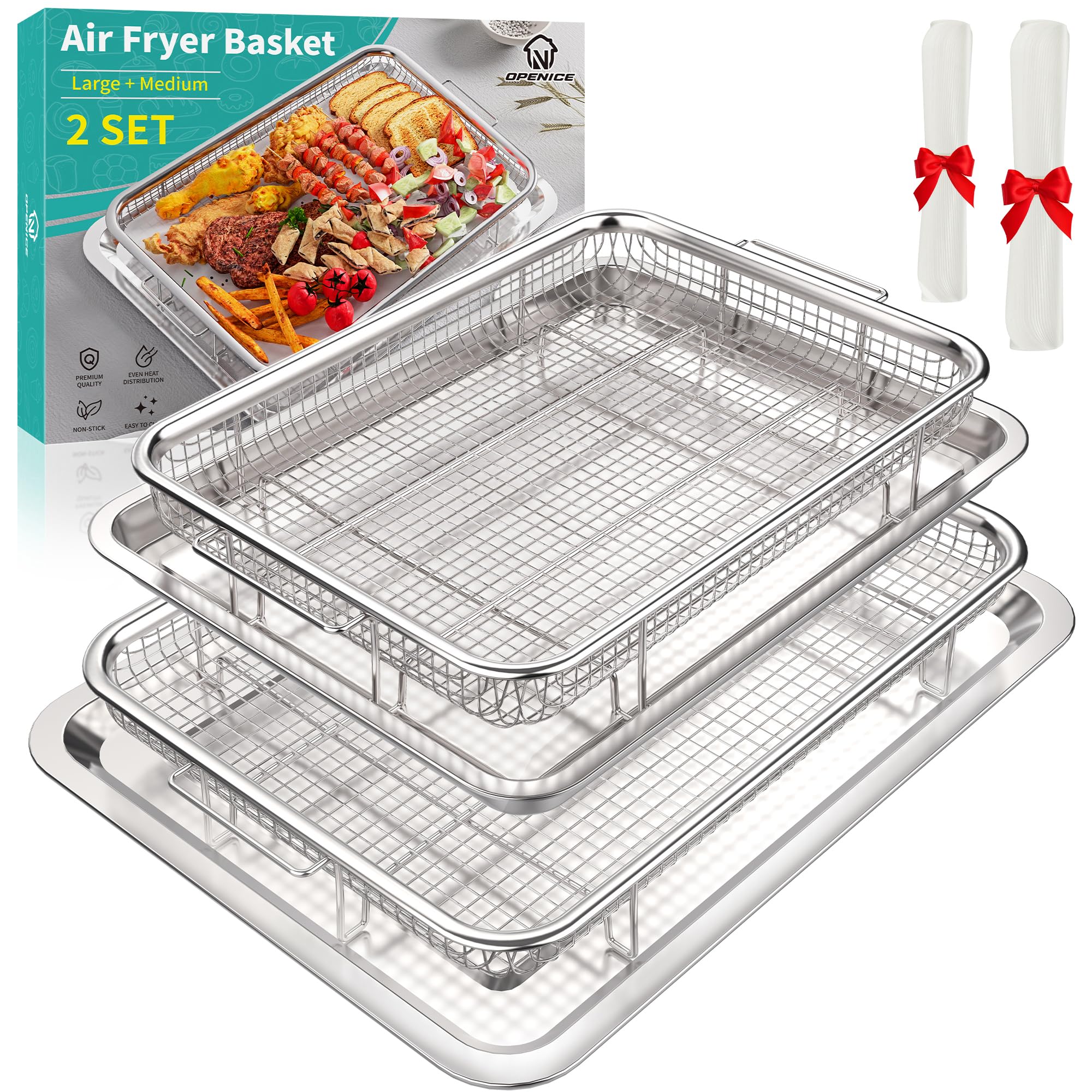 Air Fryer Basket, OPENICE 2 Set Air Fryer Basket and Tray for Oven, Stainless Steel Oven Air Fryer Pan Crisper Tray for Crisping Fried, Chicken, Bacon - Large & Small