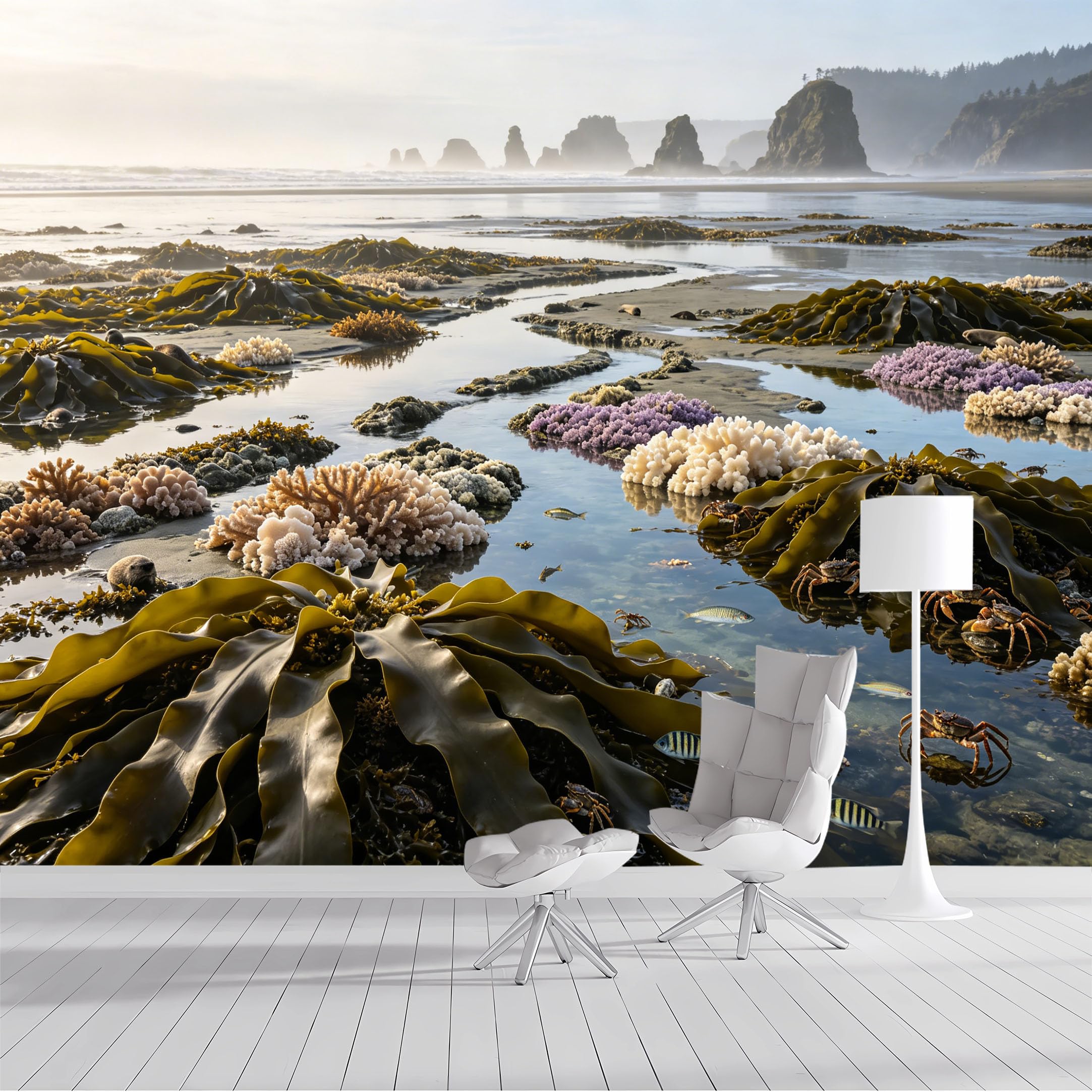 Custom Size Wall Mural Coastal Tide Pool Ocean Life Marine Life Seascape Landscape Coral Seaweed Sea Creatures SelfAdhesive Wall Fabric Removable Wallpaper for Living Room Bedroom Bathroom