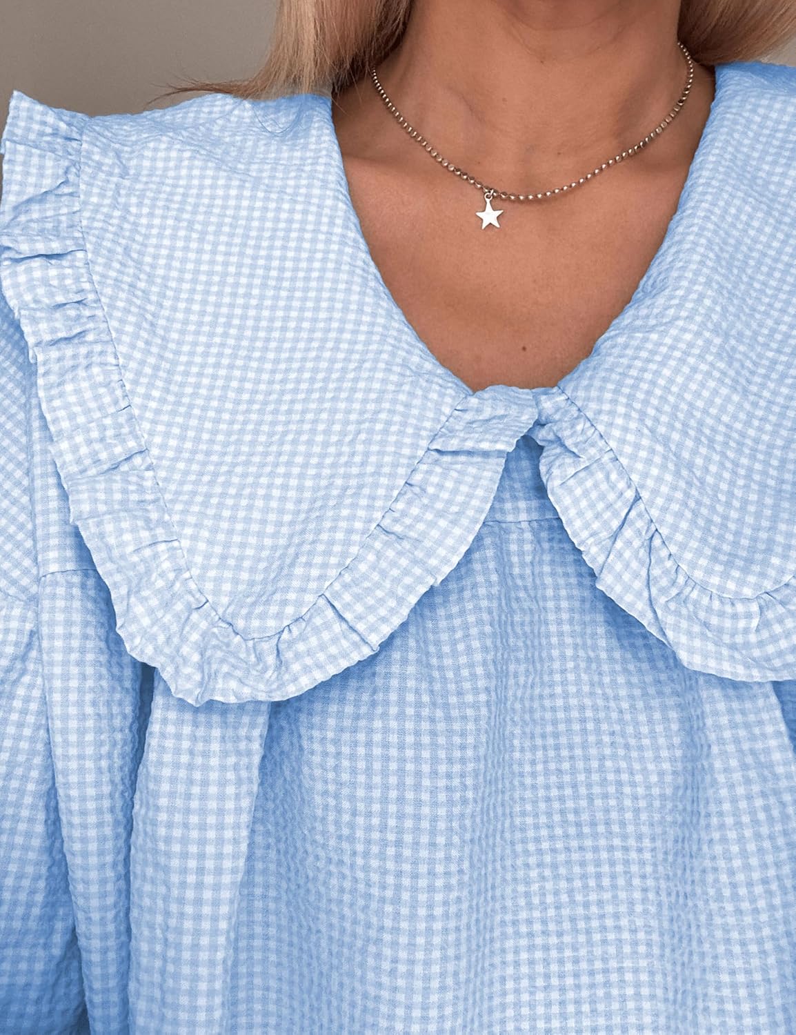 2026 Women's Babydoll 3/4 Puff Sleeve Plaid Mini Dress Lapel Doll Collar Loose Y2k Dress - Image 4