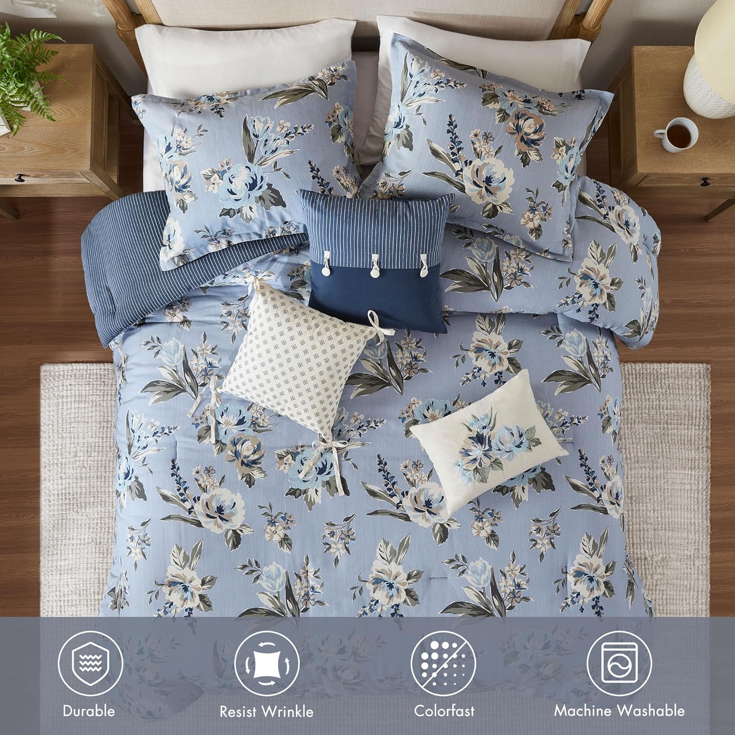 Madison Park Queen Comforter Set Vintage Floral Reversible Comforters Queen Size Bed, All Season, Down Alternative Bedding Queen Size Comforter, Bedskirt, Pillows, Shams, Salara, Queen Blue 7 Piece