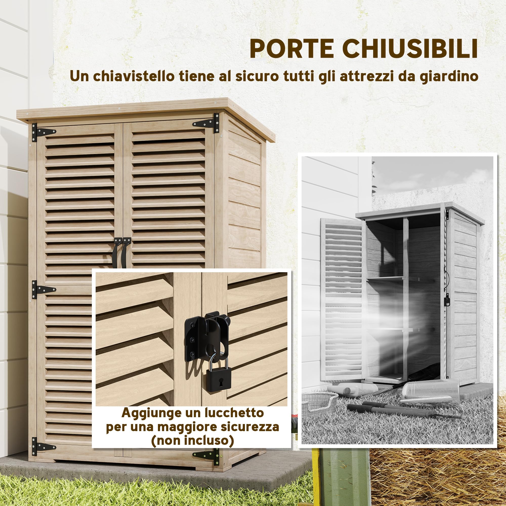 Outsunny Armadio da Esterno Portaoggetti a 2 Ripiani con Picchetti e Tetto Inclinato, Casetta da Giardino in Legno di Abete, 75x50x111/118 cm, Color Legno