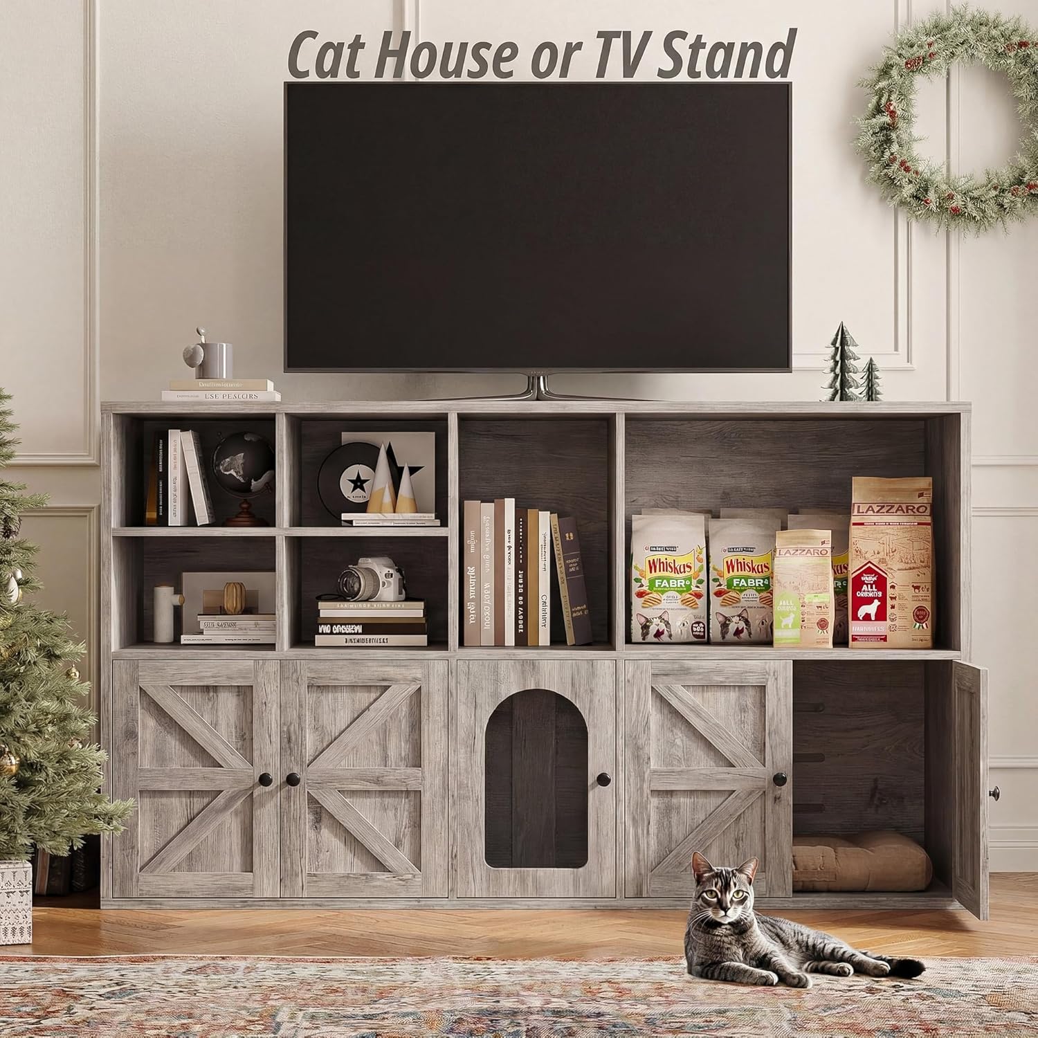 IRONCK Cat Litter Box Enclosure for 2 Cats, Litter Box Furniture Hidden with Double Room and Large Storage Space, Wooden Washroom Furniture, Cat House, Greige